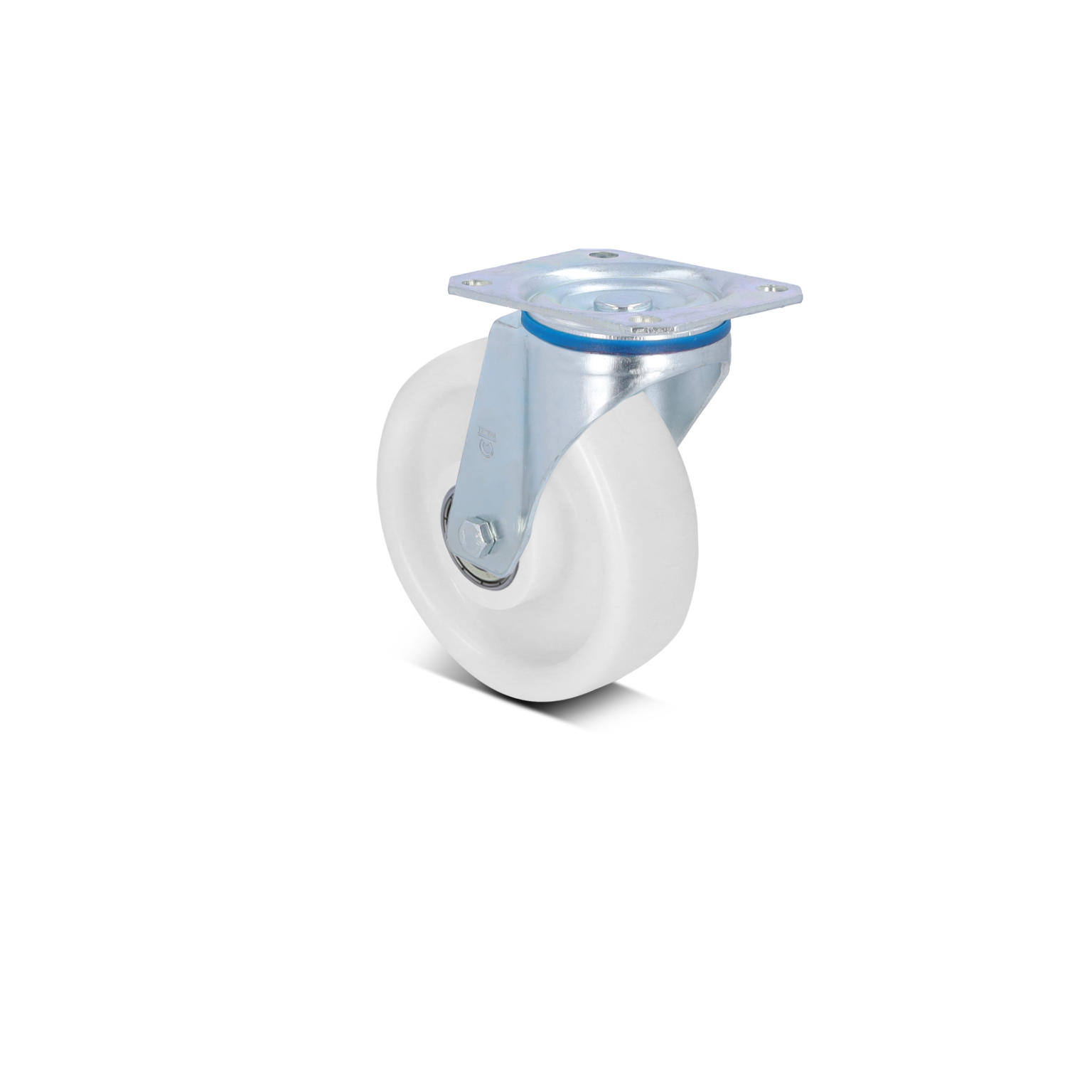 A swivel castor with a white plastic wheel is mounted on a metal bracket. The bracket is shiny and features a circular plate for attachment. The background is solid black.