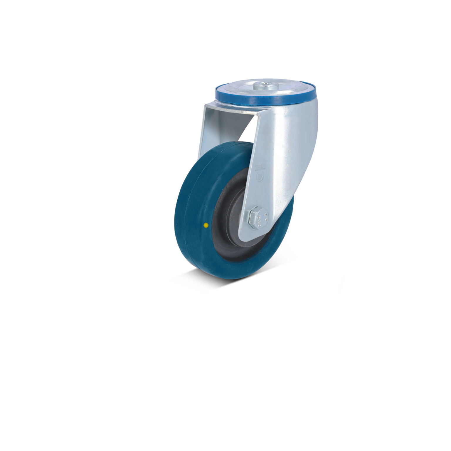 Zwenkwiel met een blauw rubberen rol en een metalen bevestigingsplaat. De rol is ontworpen voor soepel bewegen en is zichtbaar in een neutrale omgeving zonder extra elementen.
