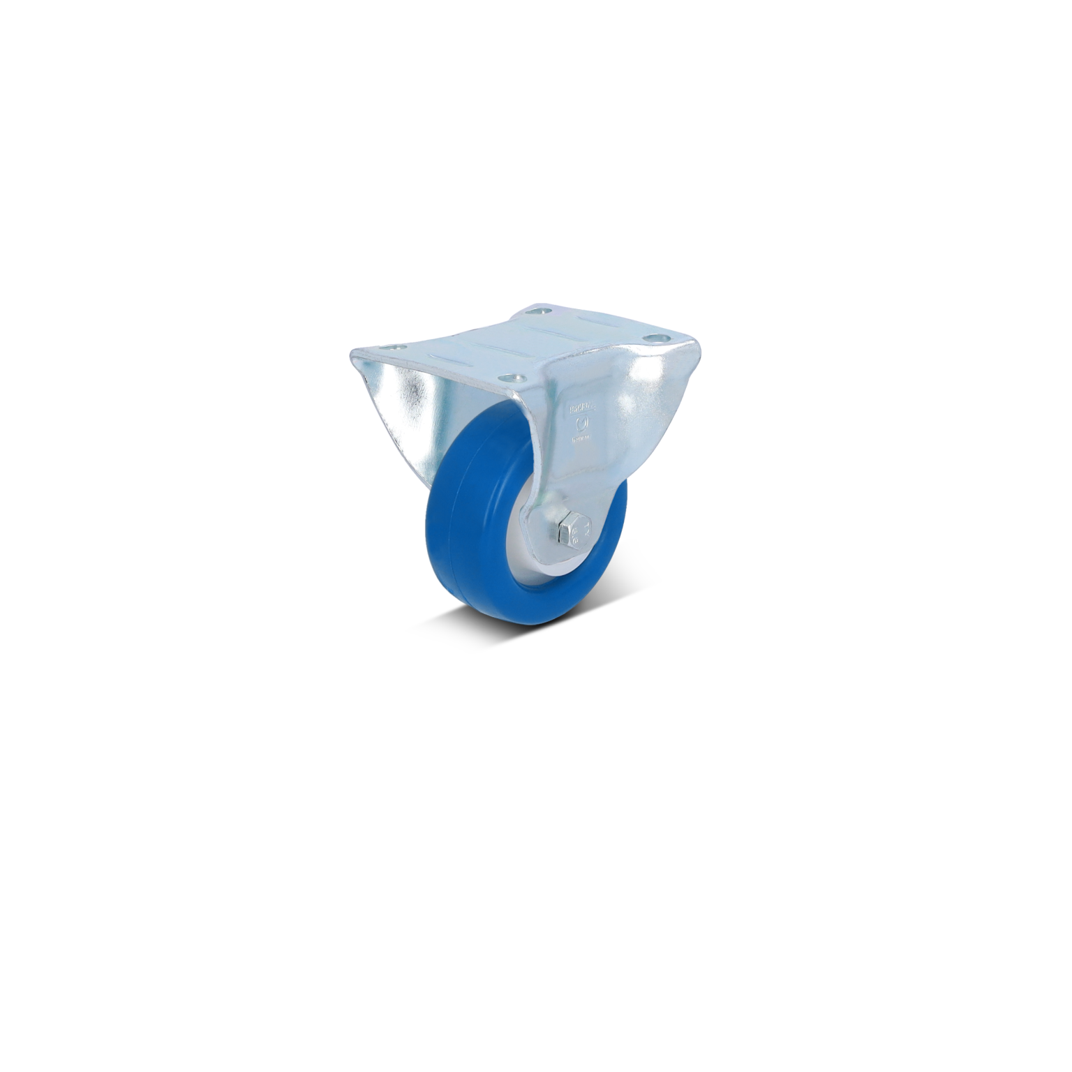 Een metalen zwenkwiel met een blauwe rubberen band, bevestigd aan een gegalvaniseerde montagesteun. Het wiel is ontworpen voor gebruik in industriële toepassingen en heeft een stevige constructie.