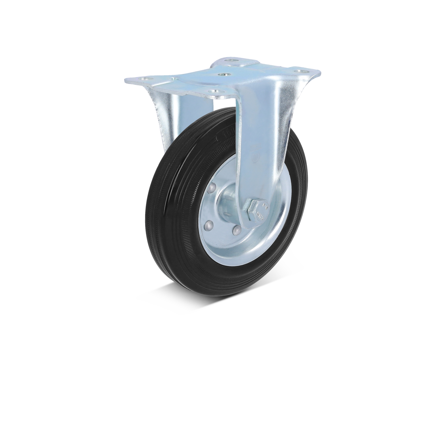 A heavy-duty caster wheel with a thick rubber tire and a metal mounting plate is positioned upright. The metallic structure appears sturdy, designed for industrial material handling applications.