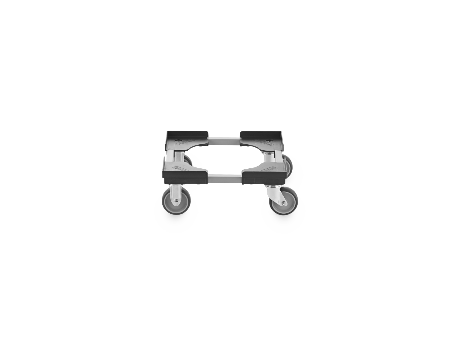 A transport dolly with a flat platform constructed from metal, featuring rubber pads on top for stability. It has four grey swivel wheels for easy maneuverability. The background is plain and neutral.