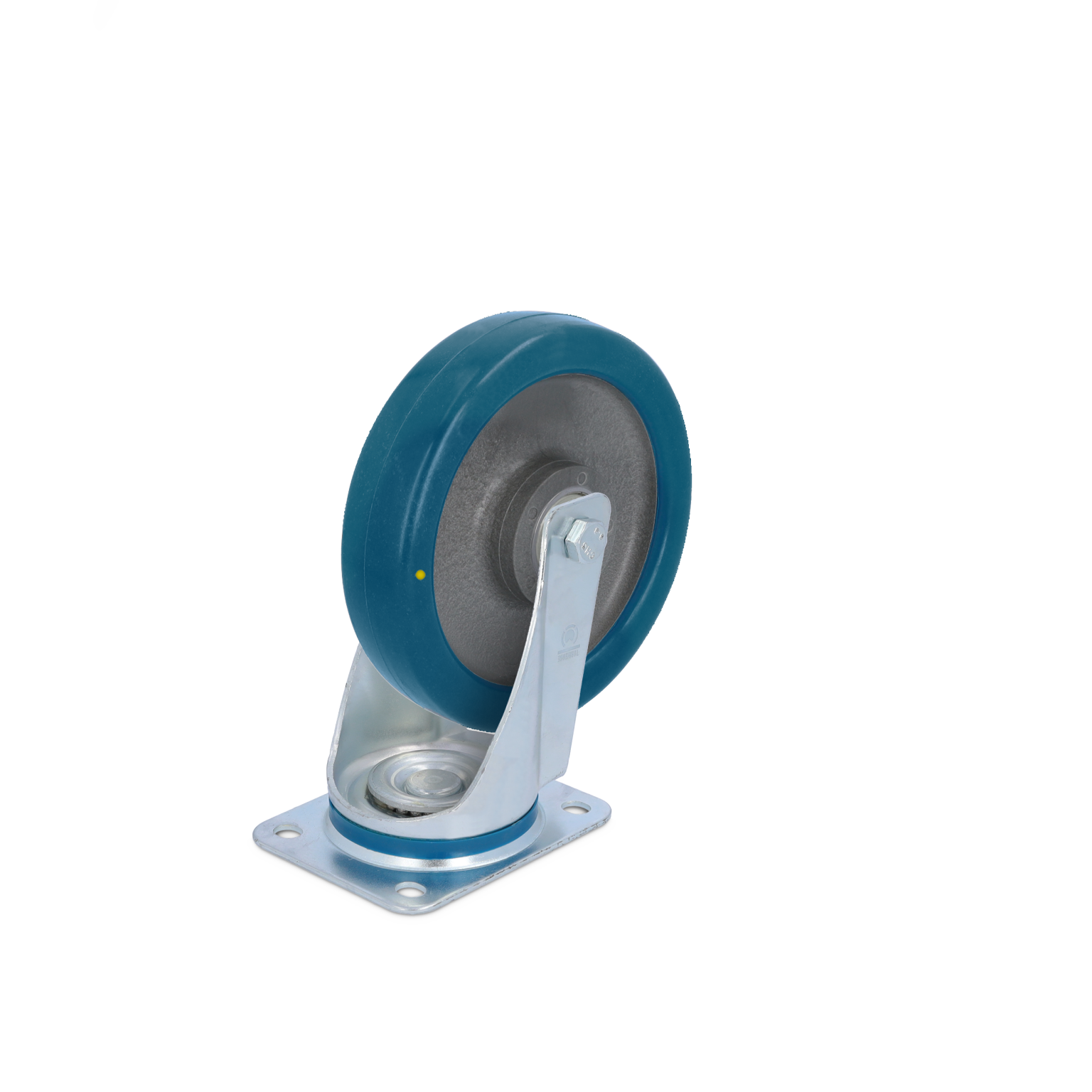 Zwenkwiel met een stevige metalen montageplaat, een grote blauwe rubberen band en een metalen lagersysteem. Het wiel is ontworpen voor industriële toepassingen en staat op een neutrale achtergrond.