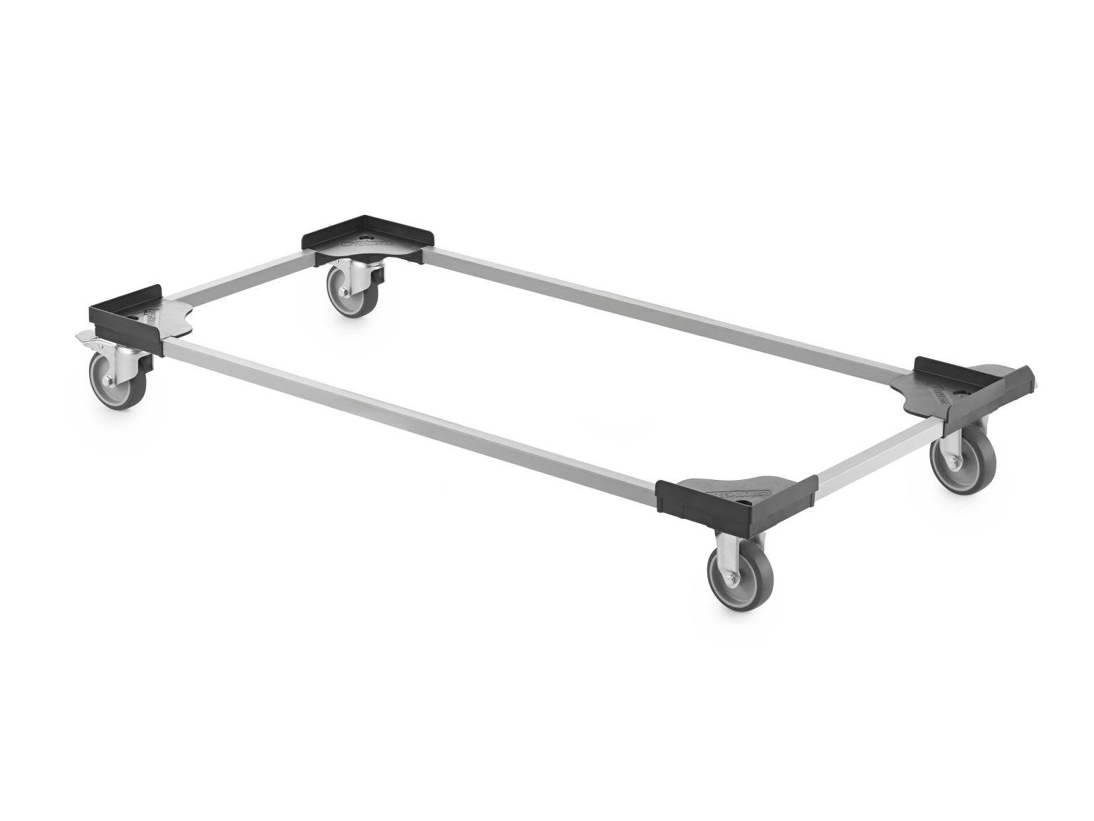 A rectangular transport trolley frame features four swivel castors at each corner. The metal frame is lightweight and designed for easy mobility within industrial environments, set against a plain background.