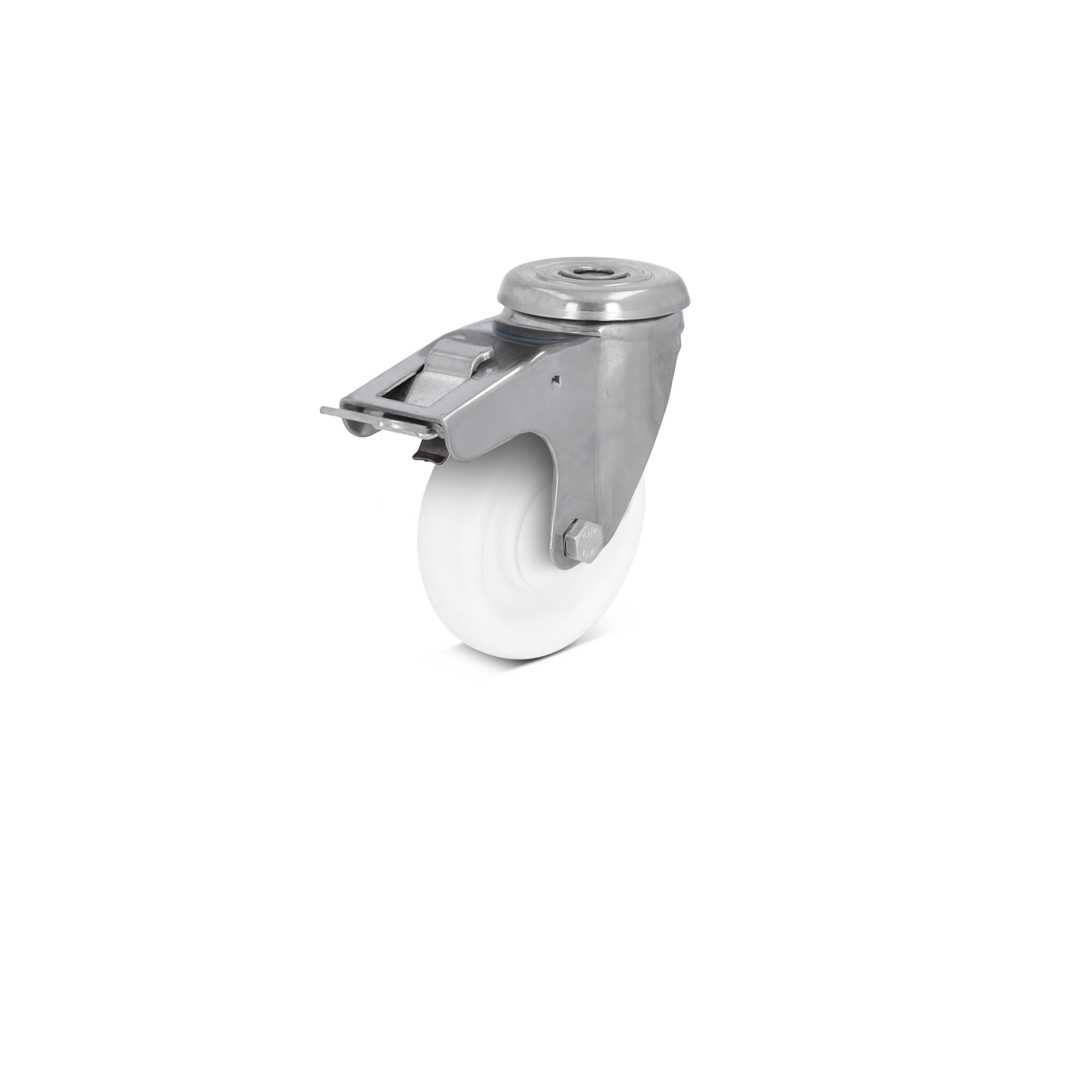 A swivel caster with a metal bracket and a white plastic wheel is positioned prominently. The mounting plate is visible, highlighting its compatibility with various applications in material handling contexts.