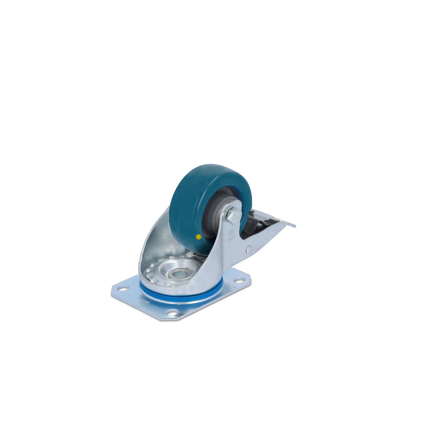 Zwenkwiel met een blauw rubberen wiel, bevestigd aan een metalen montagesteun. Het heeft een stevige constructie met een glanzende afwerking en een scharniermechanisme voor beweging.