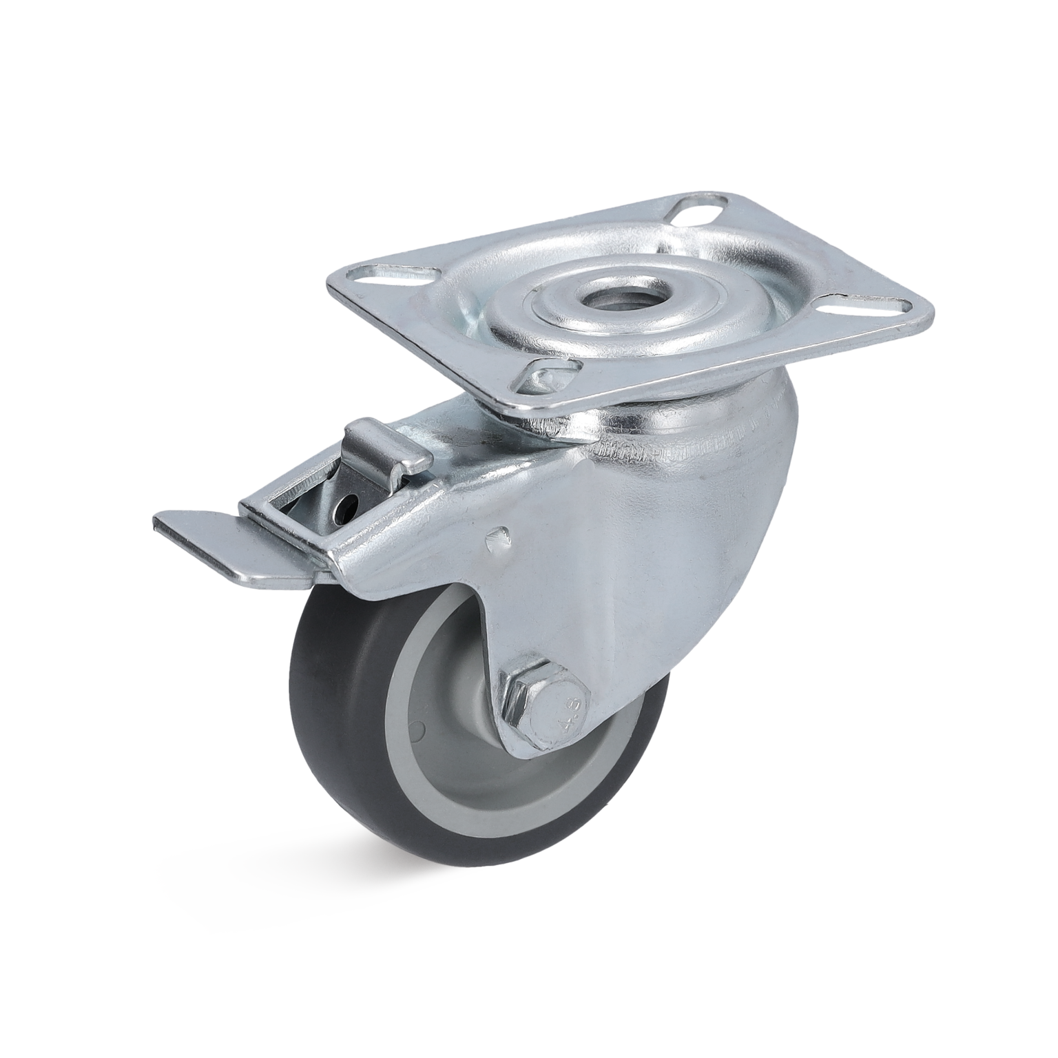 A swivel castor with a black rubber wheel and a shiny metal mounting plate is shown, featuring a fork design for attachment. The background is clean and unobtrusive, emphasizing the castor.