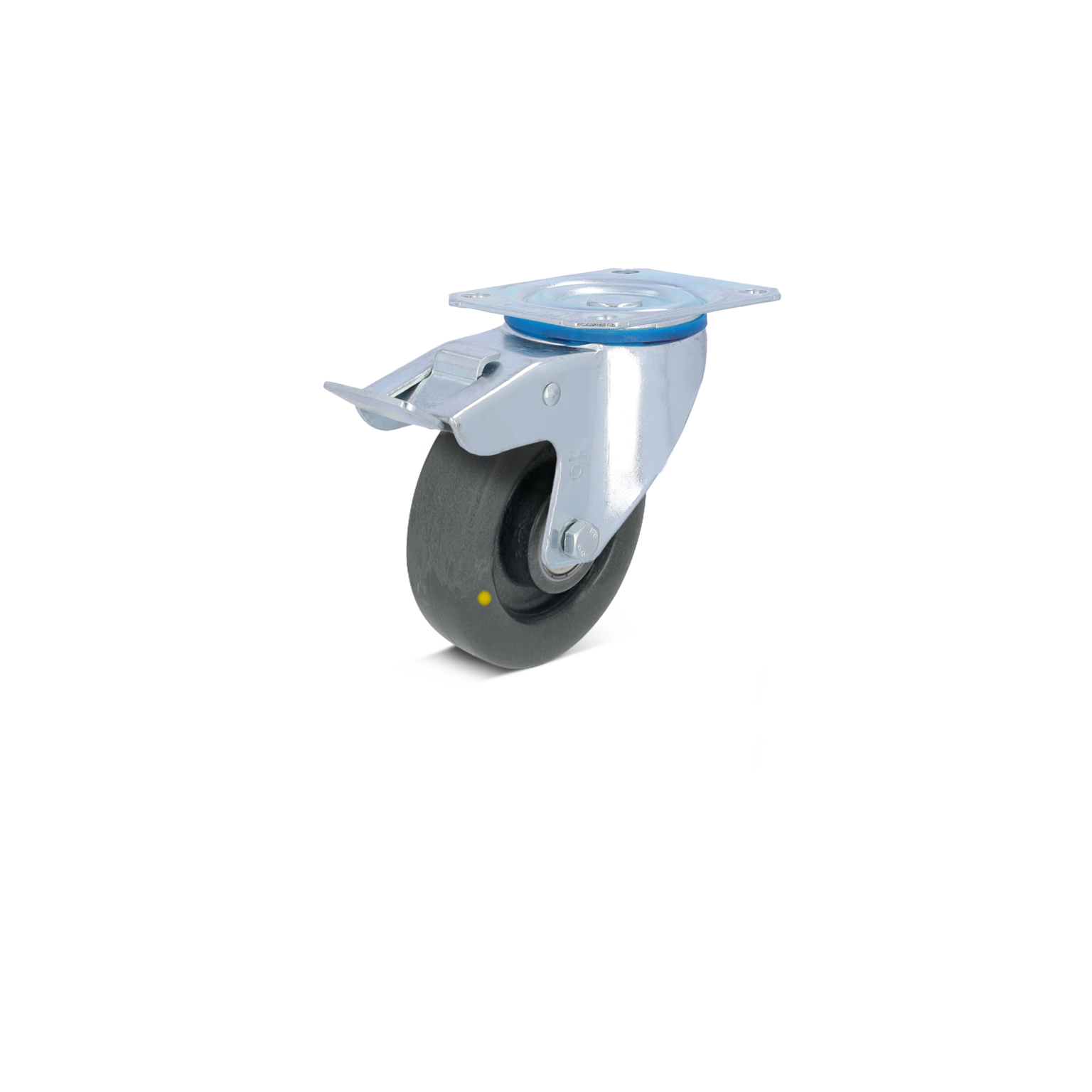 Zwenkwiel met een zwarte rubberen band en een verzinkt metalen bevestigingsplaat. Het wiel is gepositioneerd met een draai-afstelmechanisme en heeft een gele stip op de band. Achtergrond is neutraal.