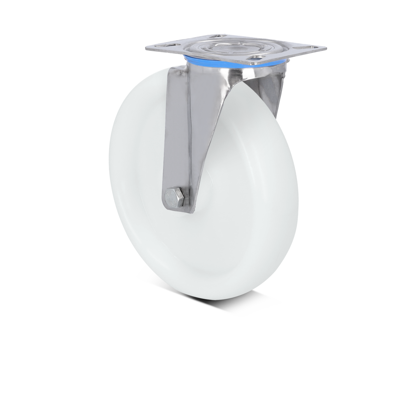 A white industrial wheel with a stainless steel mounting plate is prominently displayed. It is mounted horizontally, showcasing its smooth surface and sturdy bracket, set against a blank background.