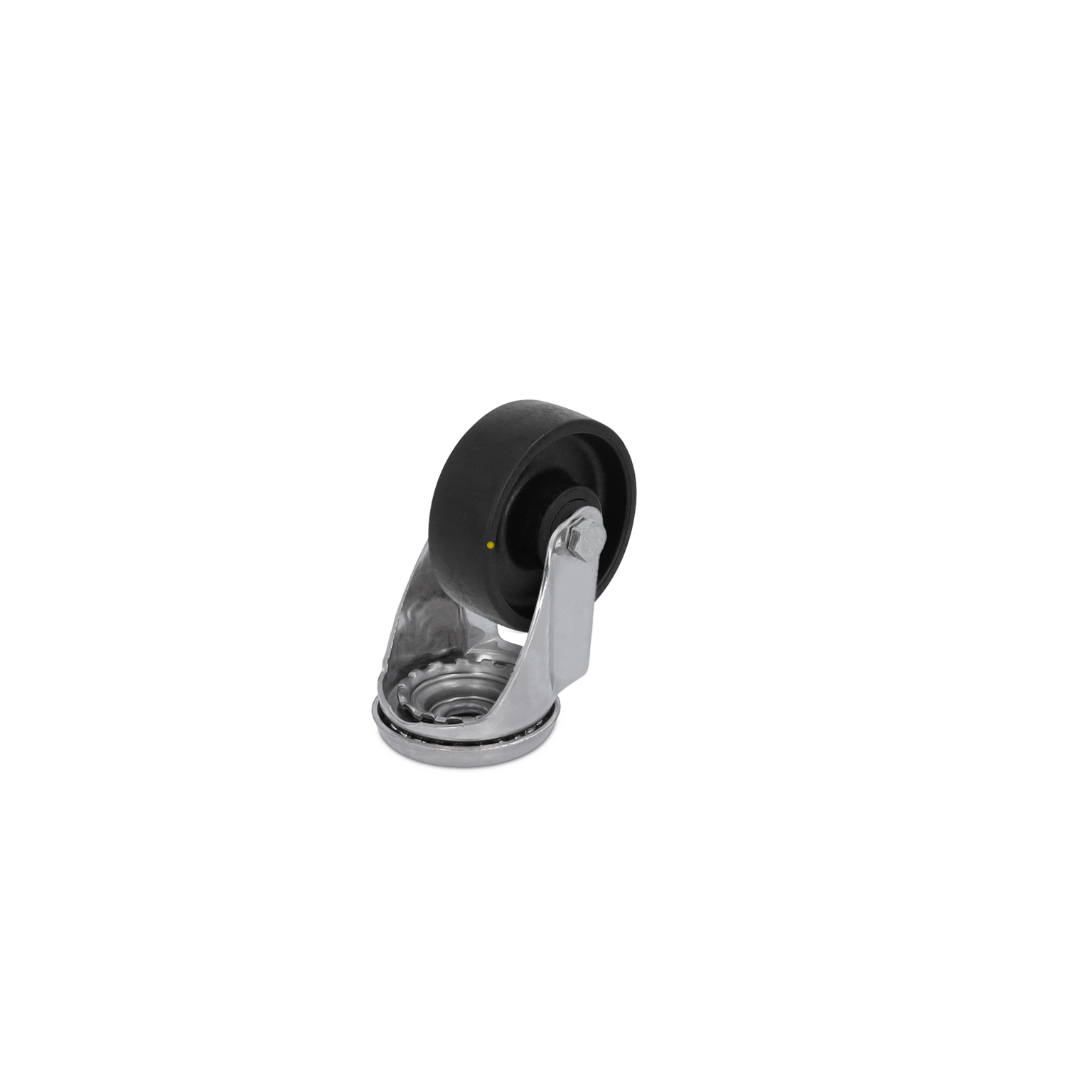 Black rubber wheel mounted on a silver metal swivel plate, designed for easy movement. It features a brake mechanism and is set against a blank background, emphasizing its industrial use.