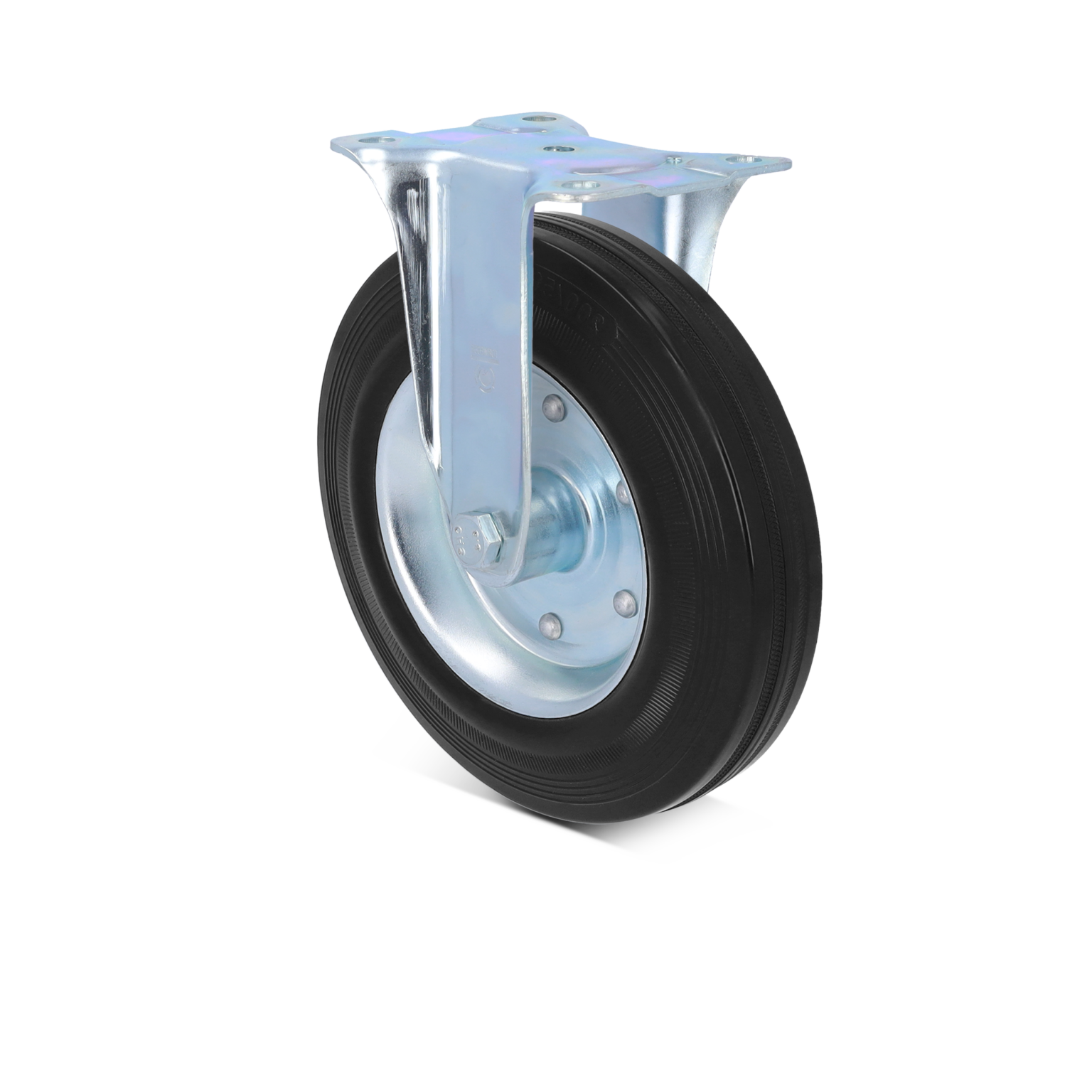 A black rubber wheel with a steel mounting plate is positioned slightly angled, showcasing its shiny surface and attached hardware. The background is a gradient of colors, emphasizing the wheel.