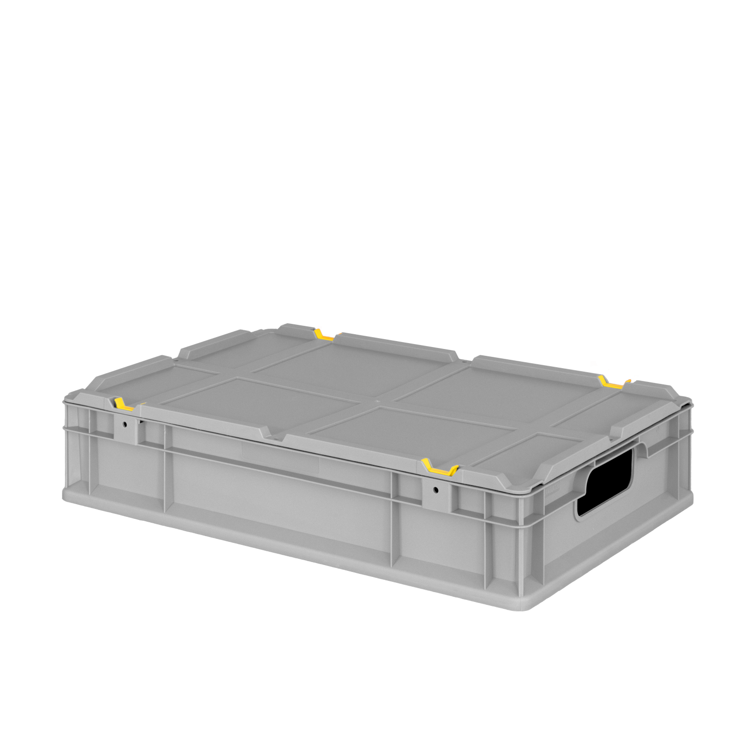 Graue Transportbox mit gelben Clips an den Ecken und einer Öffnung an der Seite. Sie ist stabil und für den Einsatz in der Lagerlogistik geeignet. Der Hintergrund ist schwarz.