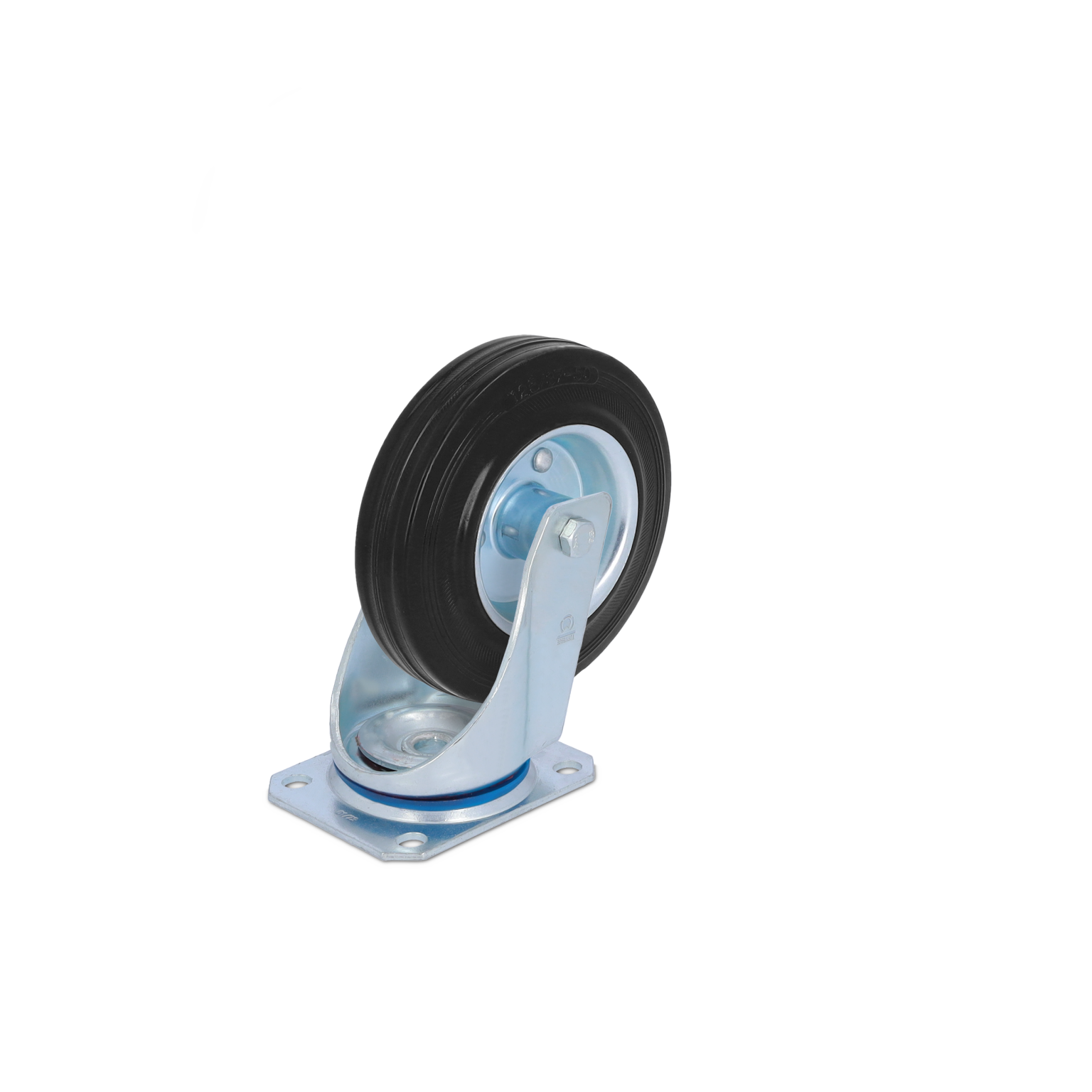 Zwarte wiel met metalen montagemotor, bevestigd aan een vierkante bevestigingsplaat. Het wiel is ontworpen voor gebruik in industriële toepassingen, met een gladde rubberen buitenkant voor optimale mobiliteit.