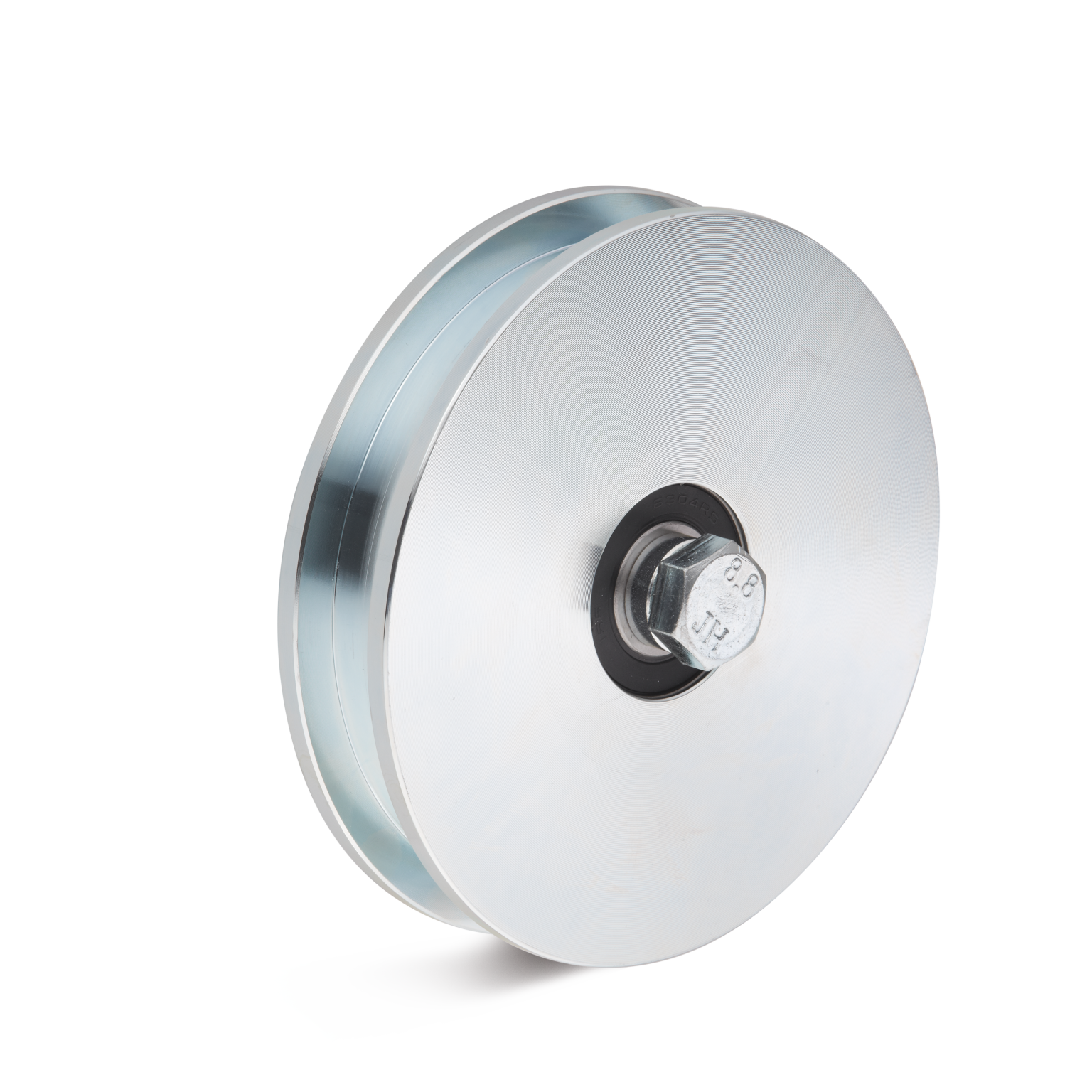 A metallic pulley with a smooth, circular surface features a central mounting bolt. It is positioned against a contrasting background, emphasizing its functional design for material handling applications.