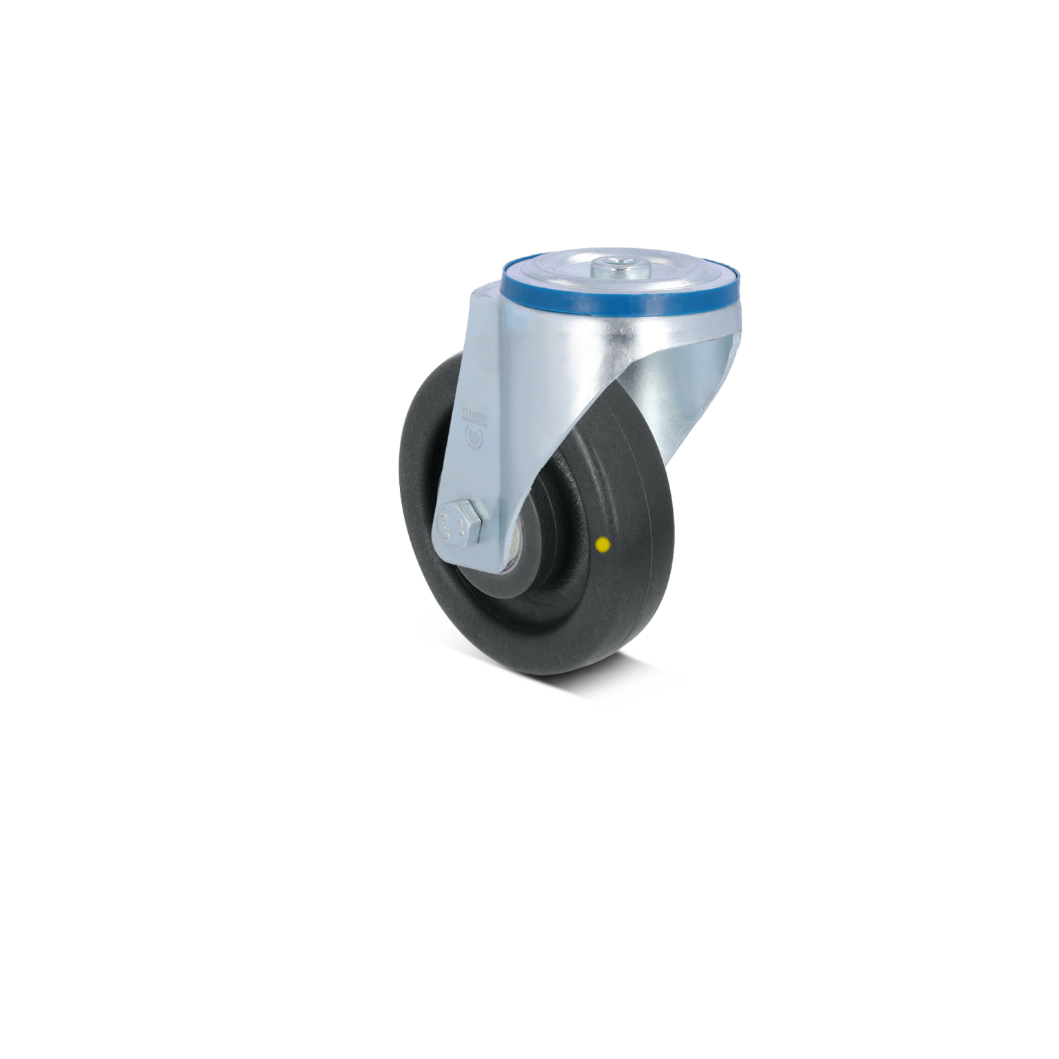 Zwenkwiel van zwart rubber met een metalen bevestigingsplaat. Het heeft een blauwe rand en is verticaal gepositioneerd. De achtergrond is eenvoudig en onopvallend.