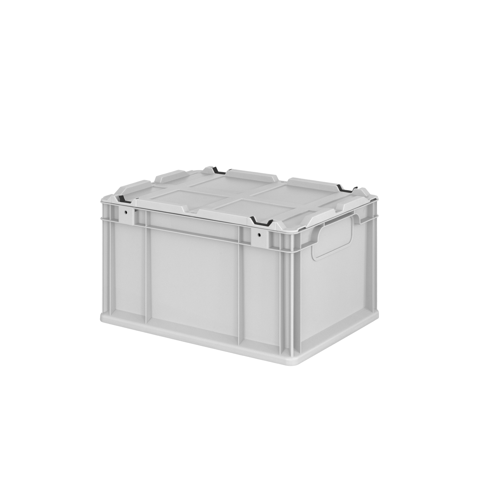 A rectangular, sturdy plastic storage box with a flat lid and side handles. It is lightweight, designed for easy stacking and transportation, set against a plain background.