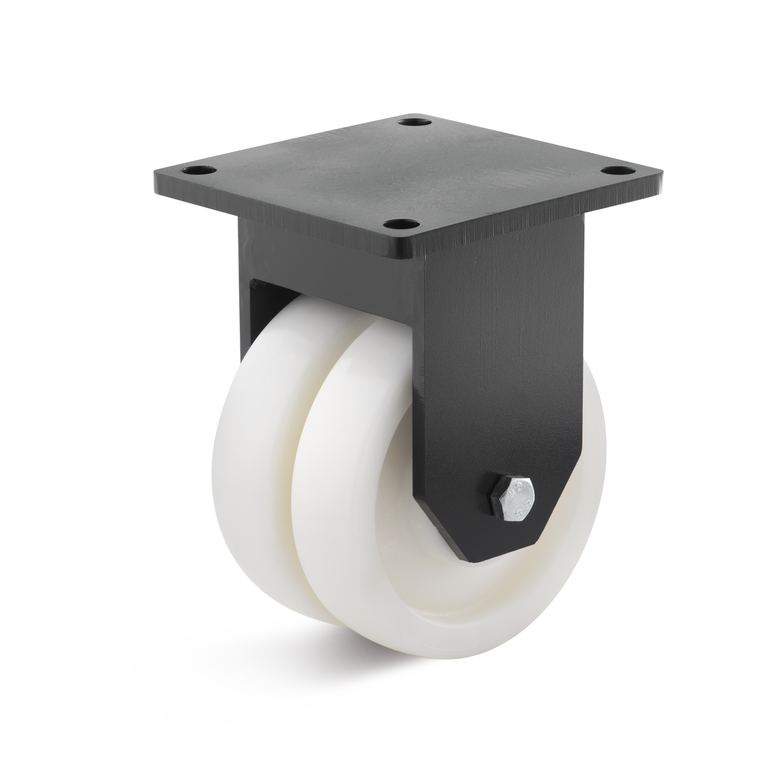 Black metal mounting plate supports two white wheels, designed for easy movement. The wheels appear robust, suitable for industrial applications, set against a plain background.