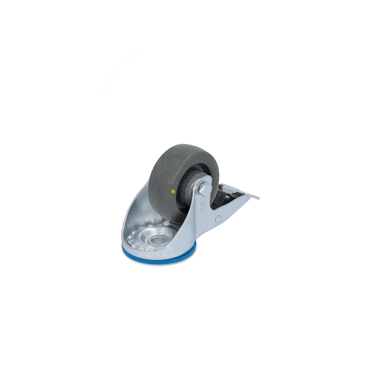 Zwenkwiel met een rubberen band en metalen bevestigingsplaat, gekanteld en weergegeven op een witte achtergrond. Het wiel is geschikt voor industriële toepassingen en biedt mobiliteit voor transport.