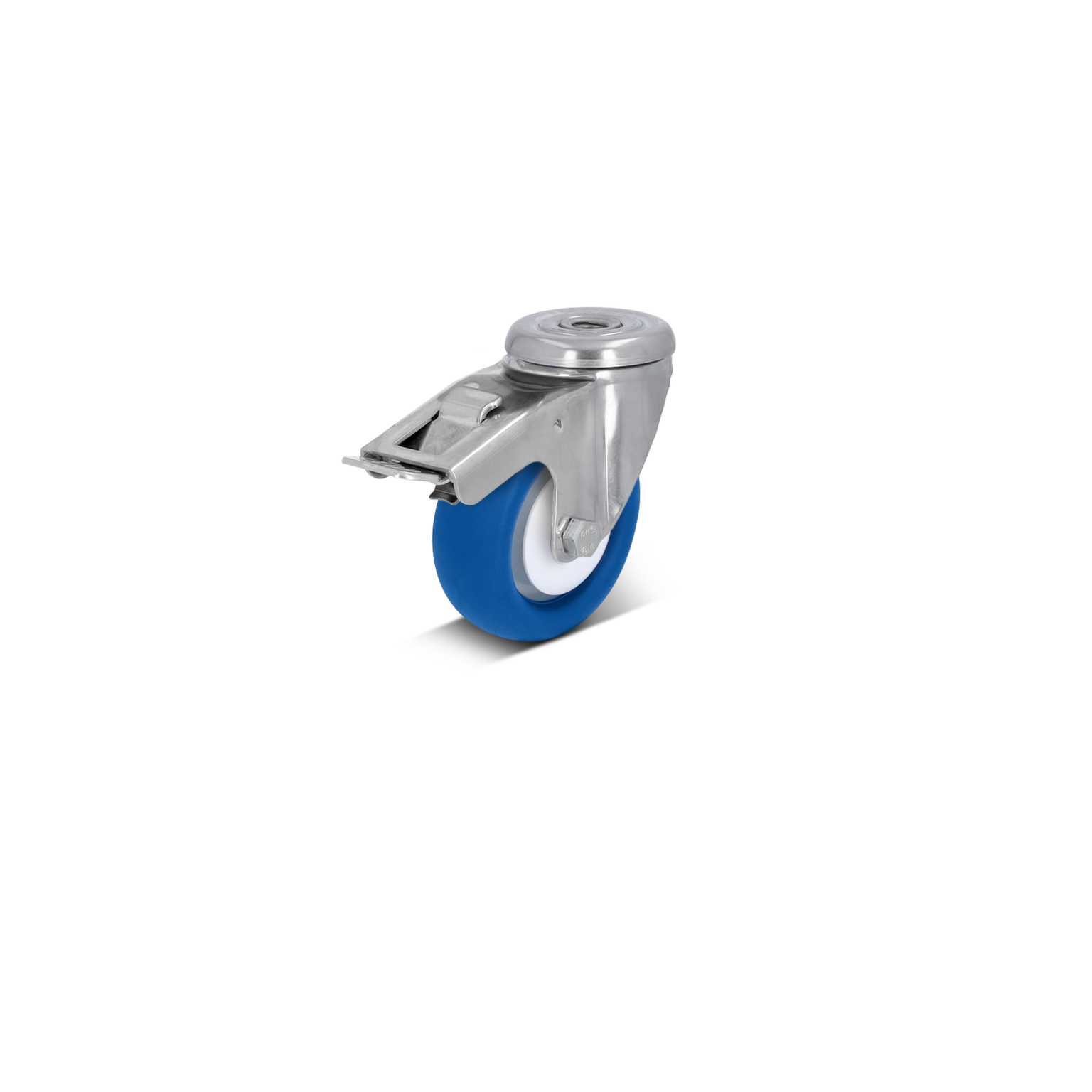 Een industriële wiel met een blauwe rubberen band en een metalen montageplaat. Het wiel staat rechtop en is ontworpen voor toepassing in intralogistiek. De achtergrond is zwart.