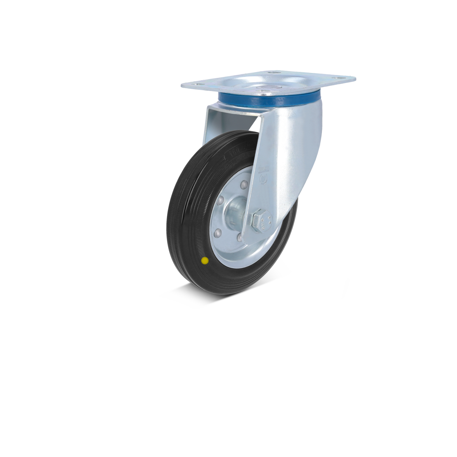 A swivel caster with a metallic mounting plate supports a rubber wheel. The wheel features a silver hub with a yellow dot, and it is positioned upright against a plain background.