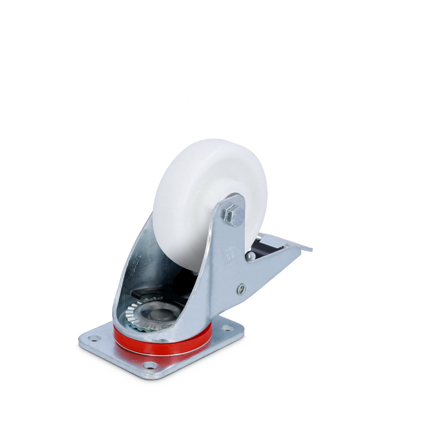 A white industrial wheel is mounted on a silver metal bracket with a red base, featuring a visible bearing. It is positioned in a way that showcases the mounting plate and wheel structure, set against a blank background.