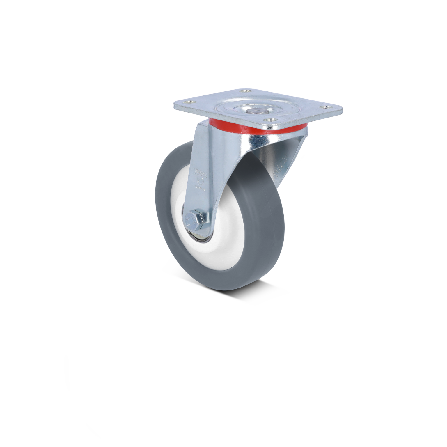 A grey industrial wheel castor features a mounting plate with a shiny metallic finish and a red accent. The wheel has a white center, designed for mobility in material handling environments.