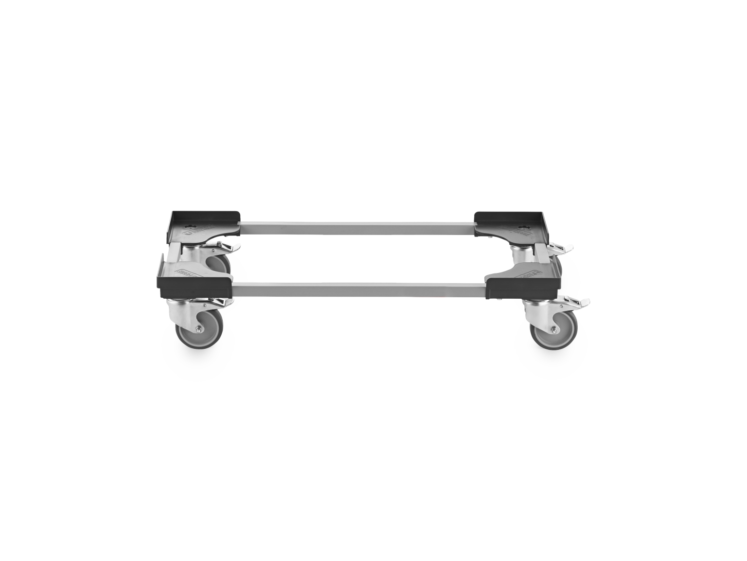 A transport trolley is shown, featuring a sturdy metal frame with wheels at each corner. The wheels are mounted on plastic supports, suitable for moving heavy items in an industrial environment.