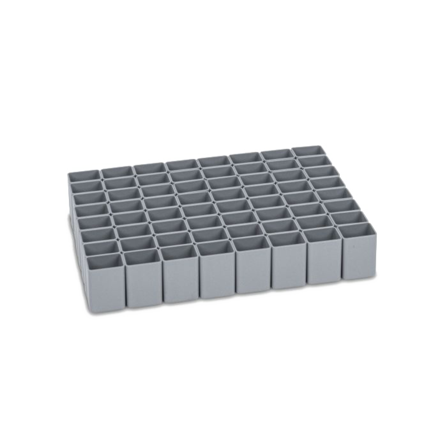 Gray plastic tray organized into a grid with multiple small compartments. It is used for storage or organization, likely in an industrial or workshop context, featuring uniform rectangular sections.