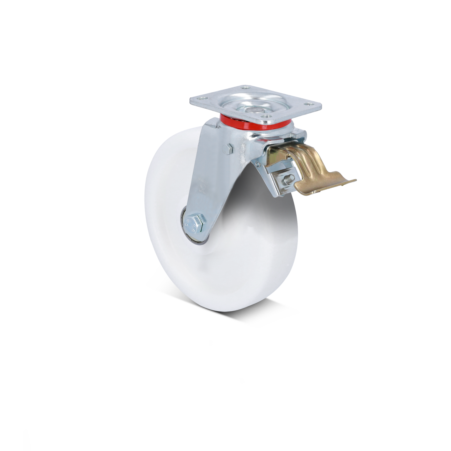 A white industrial wheel is mounted on a metal bracket with a square plate. The assembly features a locking mechanism to secure the wheel, suitable for material handling applications. The background is plain.