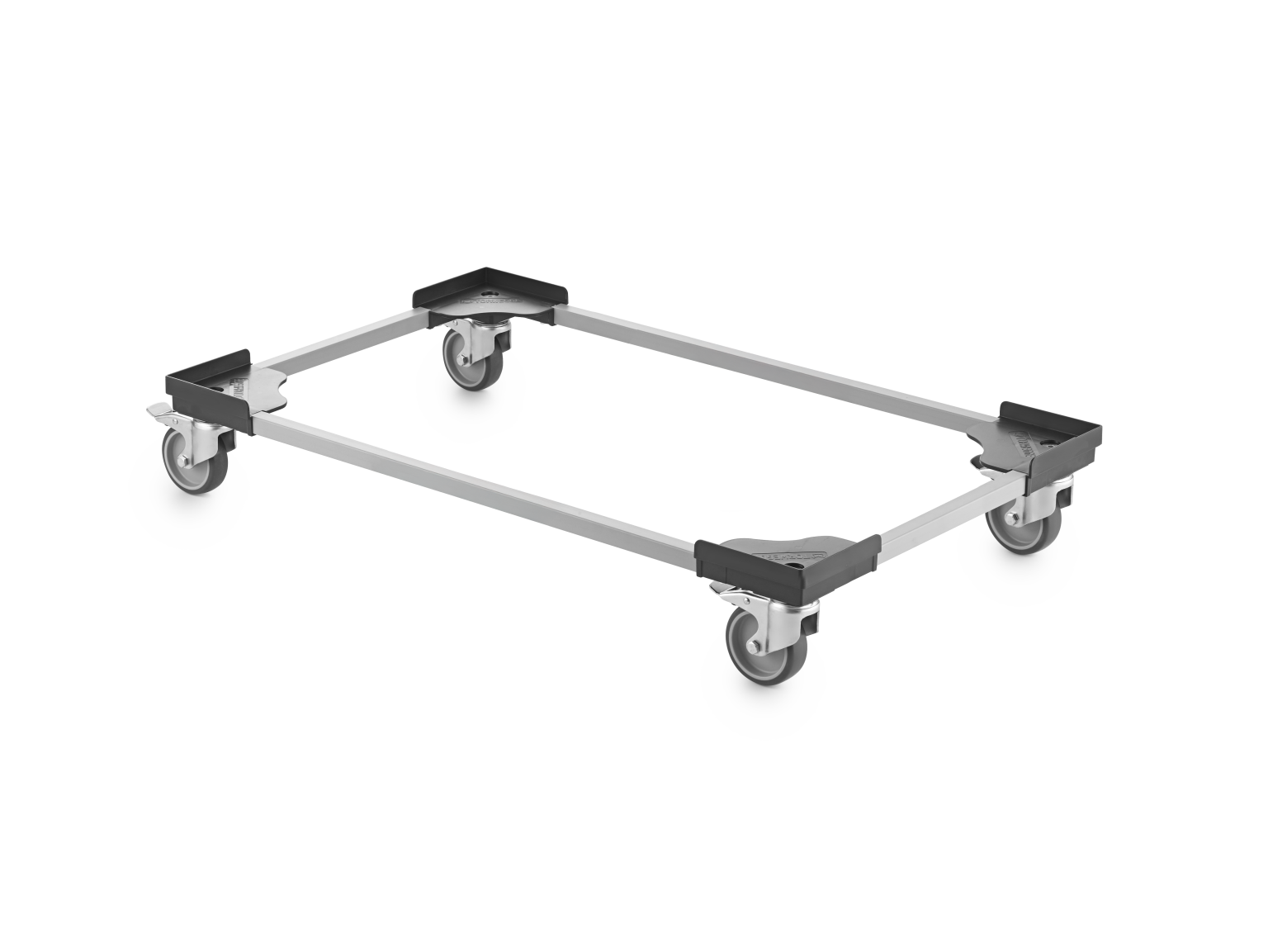 A rectangular transport trolley with a metal frame and four swivel castors. The trolley is designed for mobility, featuring protective corners and is positioned on a plain background.