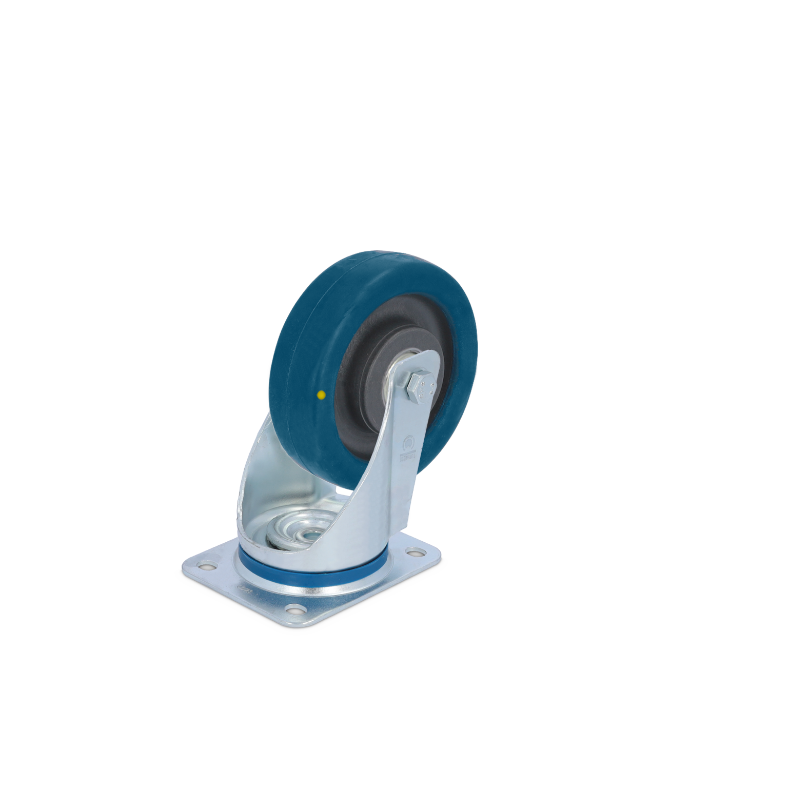 Een blauwe zwenkwiel met een rubberen band en een metalen bevestigingsplaat. Het wiel is gemonteerd op een kunststof behuizing, geschikt voor gebruik in industriële omgevingen.