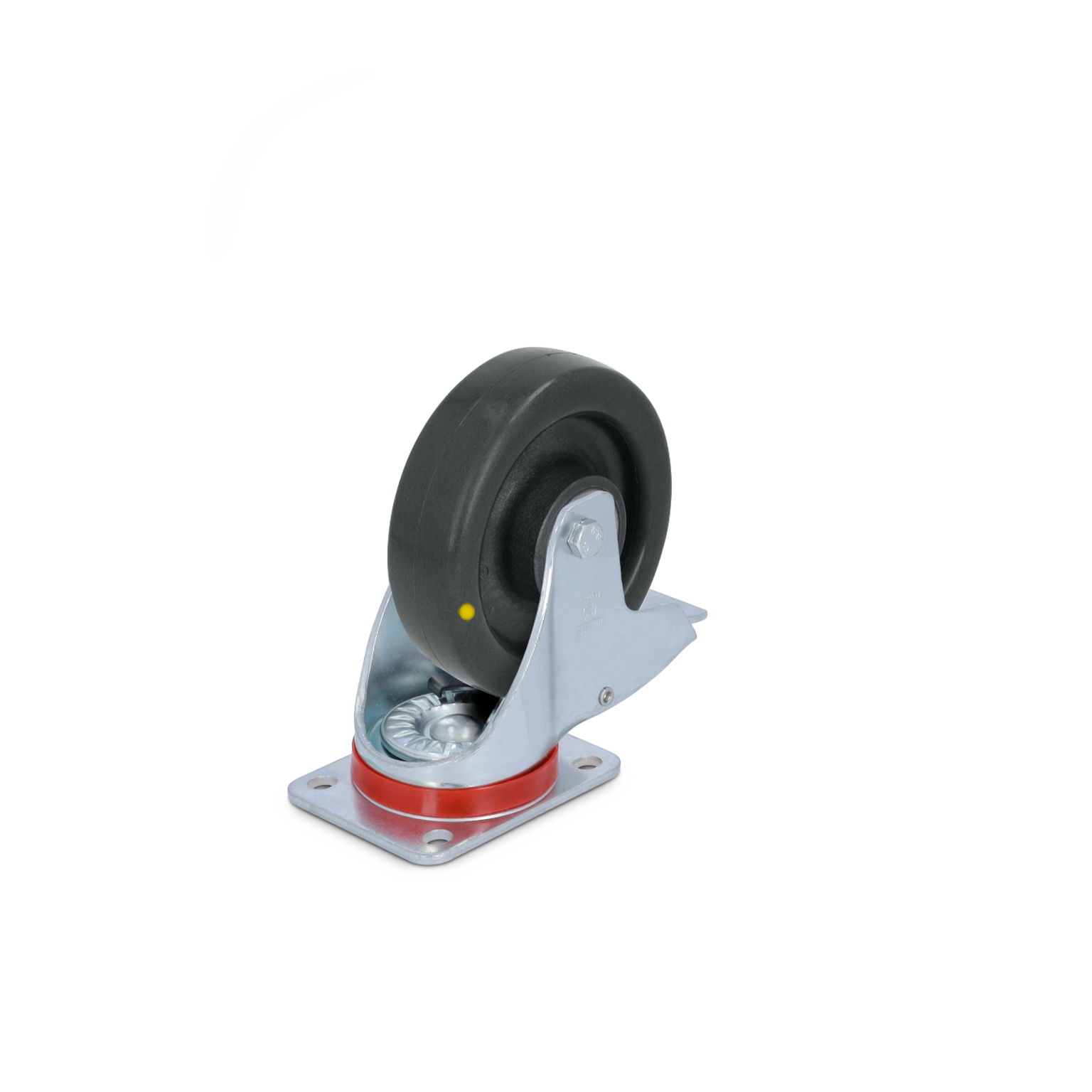 A swivel castor with a rubber wheel is mounted on a metallic bracket. The wheel features a chrome ball bearing system and a resilient tire for enhanced movement. The castor is positioned against a plain background.