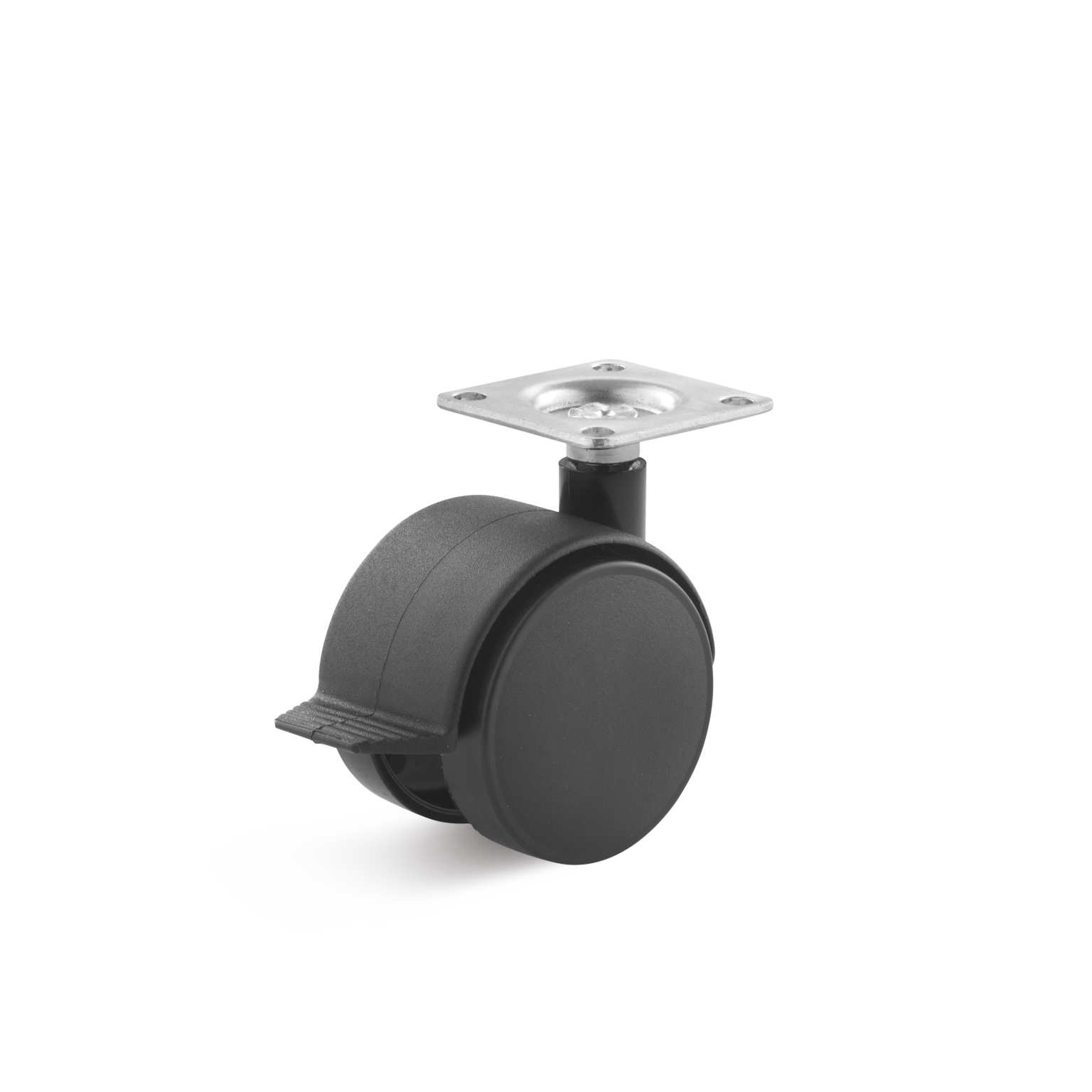 Ein schwarzer Rollenfalz mit einem metallischen Montageblech an der Oberseite. Die Rolle ist vollständig sichtbar und steht auf einem neutralen Hintergrund. Sie ist robust und für den Einsatz in der Industrie konzipiert.