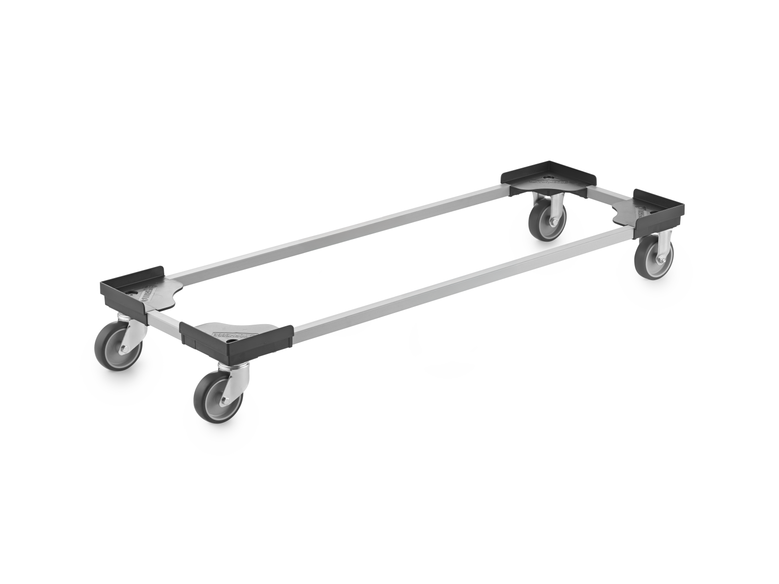 Transport trolley with a flat framework, featuring four swiveling wheels for mobility. The structure is made of metal, designed for easy maneuvering of loads in industrial environments.