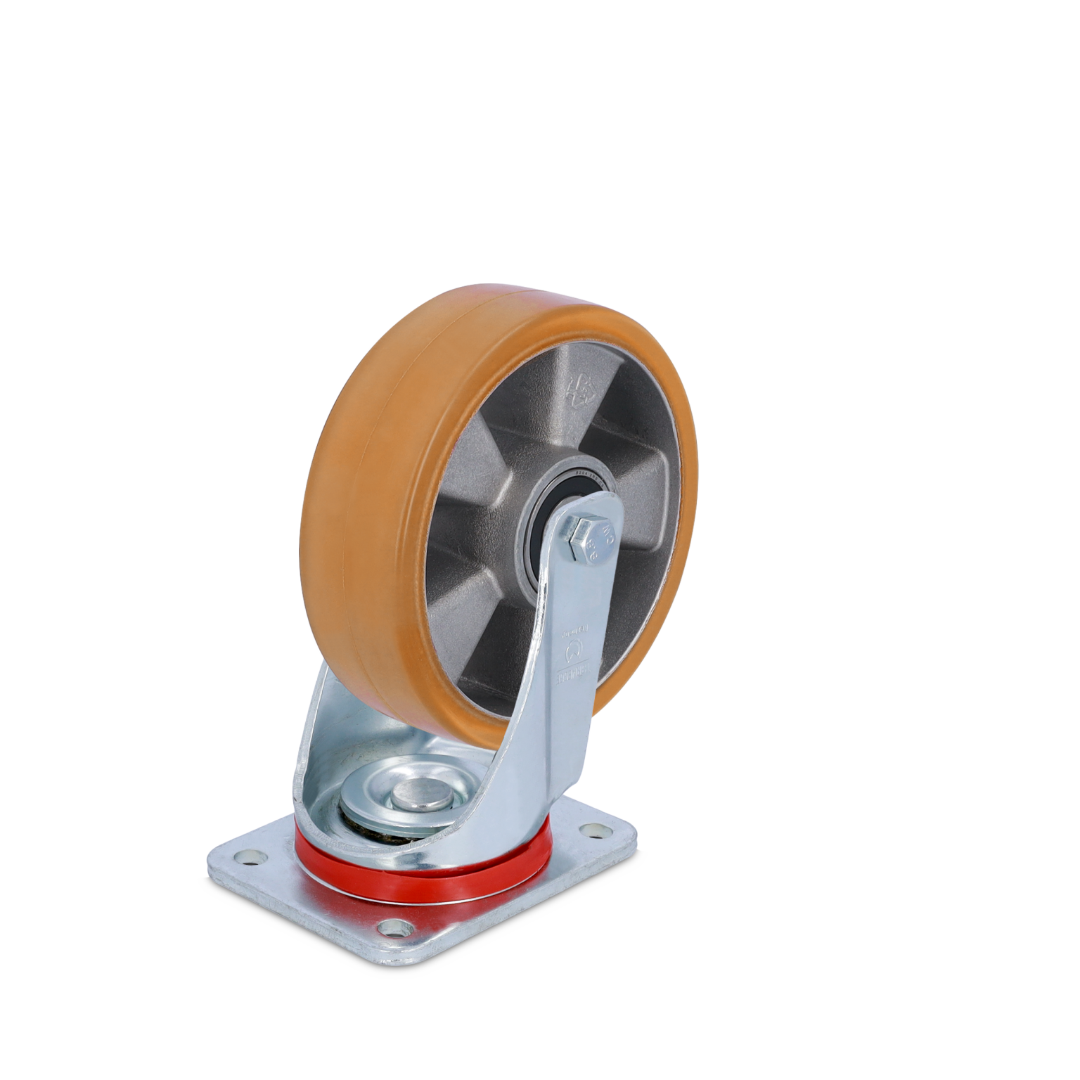 Industrial wheel with a brown rubber tire mounted on a silver metal bracket. The wheel features a ball bearing and a wide mounting plate, designed for material handling and logistics applications.