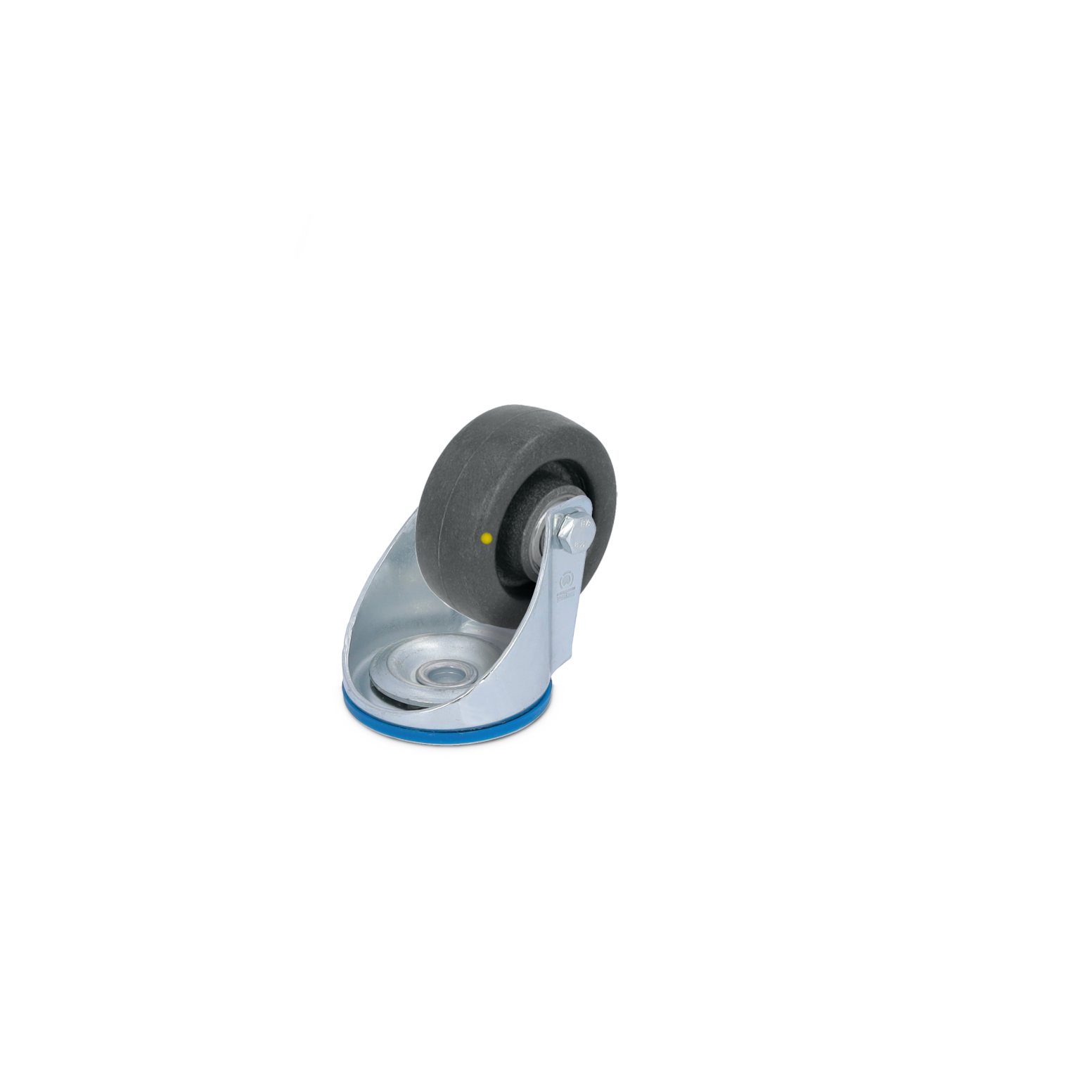 Zwenkwiel met een zwarte rubberen band, gemonteerd op een metalen behuizing met een zilverkleurige afwerking. De basis is rond met een blauwe rand. Achtergrond is neutraal.