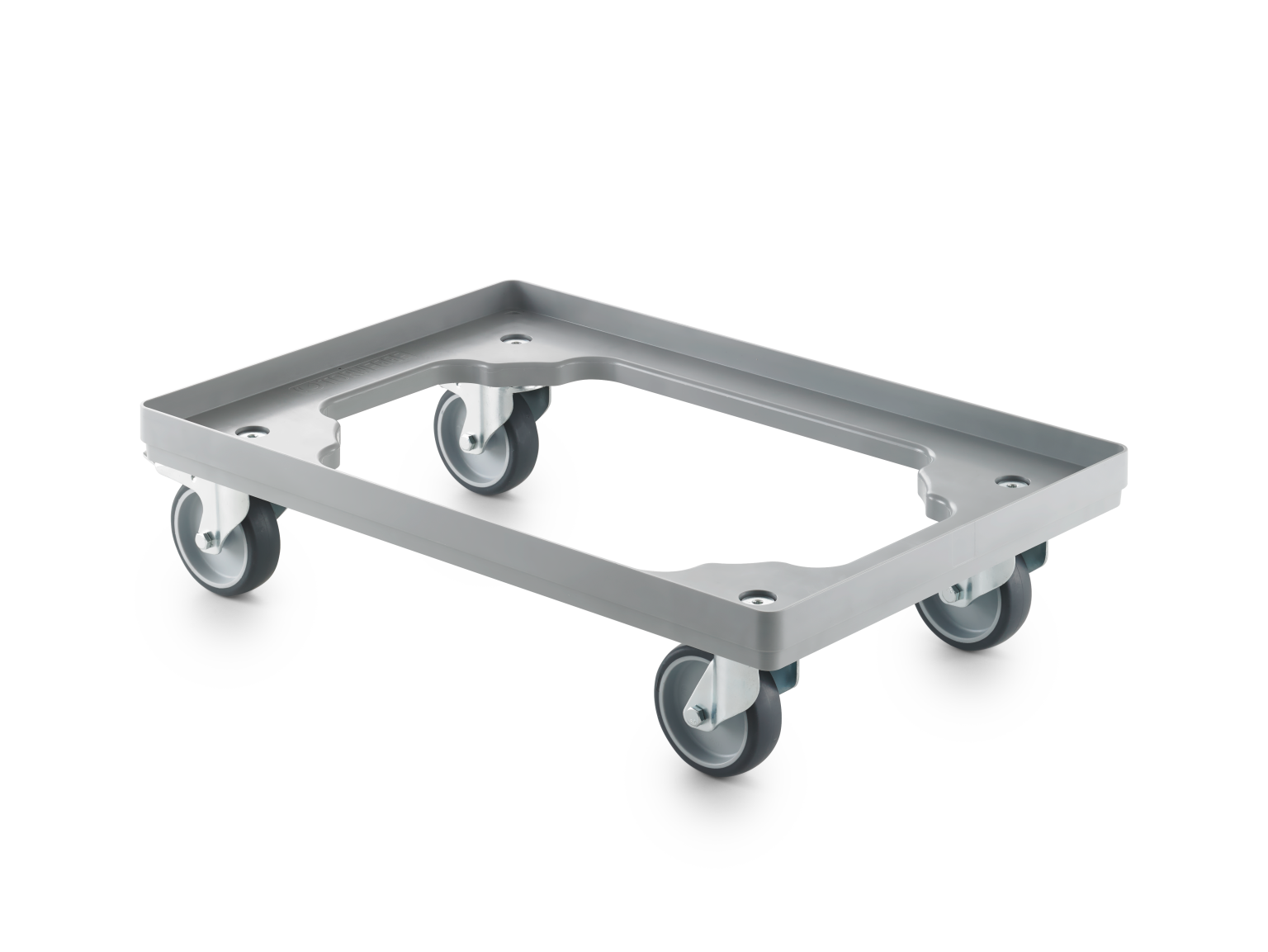 A rectangular metal transport trolley with a smooth surface and rounded edges is mounted on four swivel castors. The trolley is positioned in an isolated environment, emphasizing its industrial design.