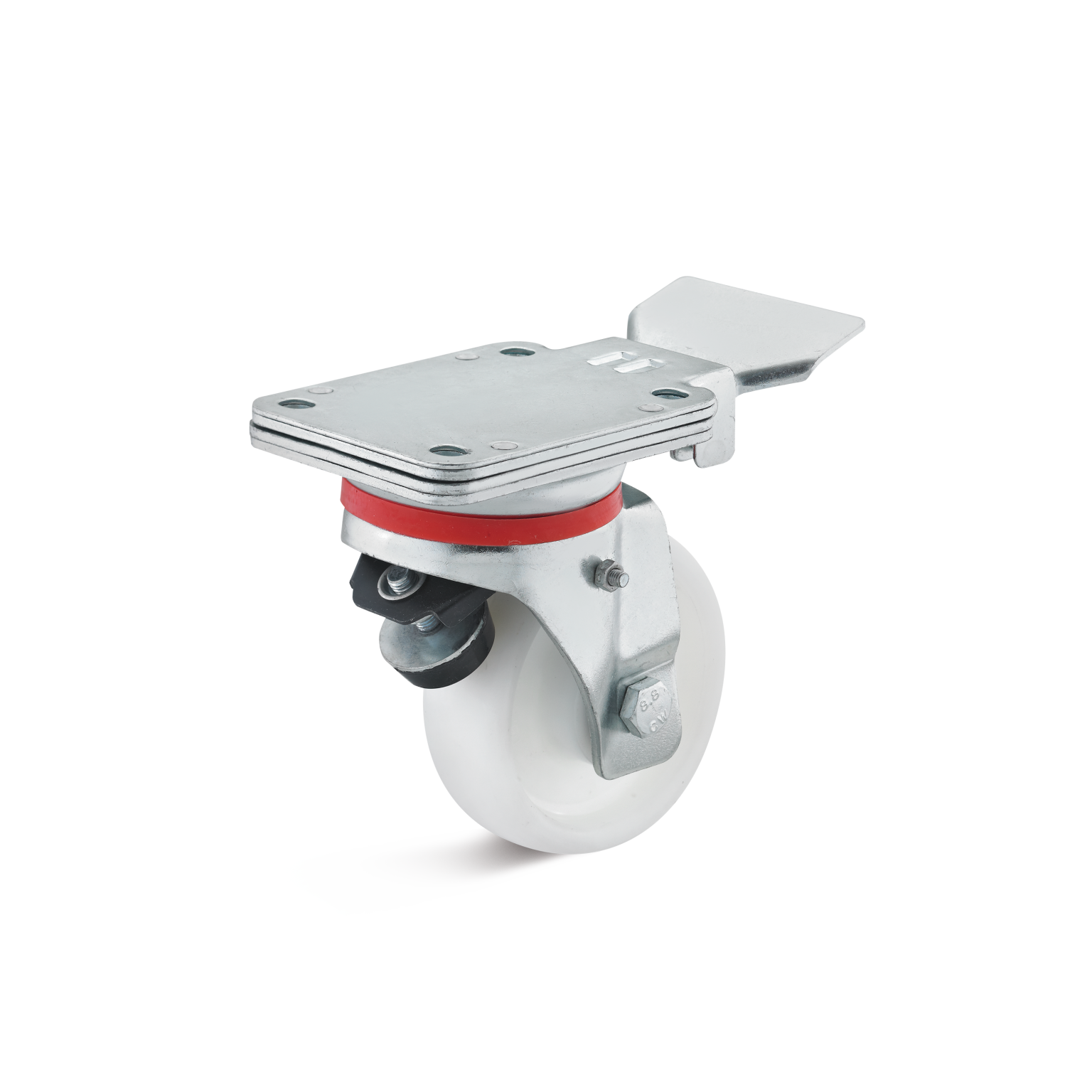 A metal swivel castor with a white wheel is featured. It has a square mounting plate, red rubber ring, and a bracket for attachment. The background is plain, emphasizing the castor-s design.
