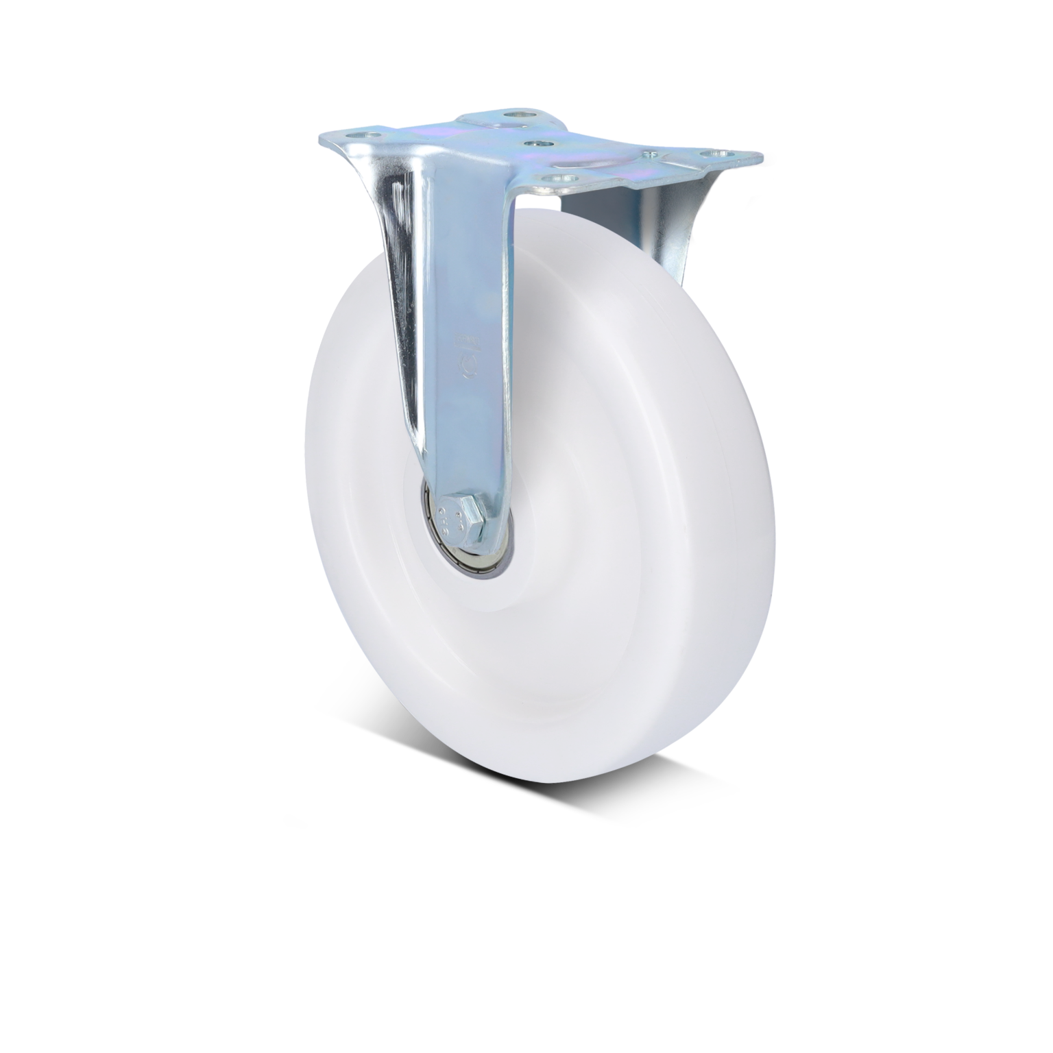 A white industrial wheel is mounted on a silver metal swivel plate. The wheel features a smooth surface and a central bearing, suitable for material handling applications.