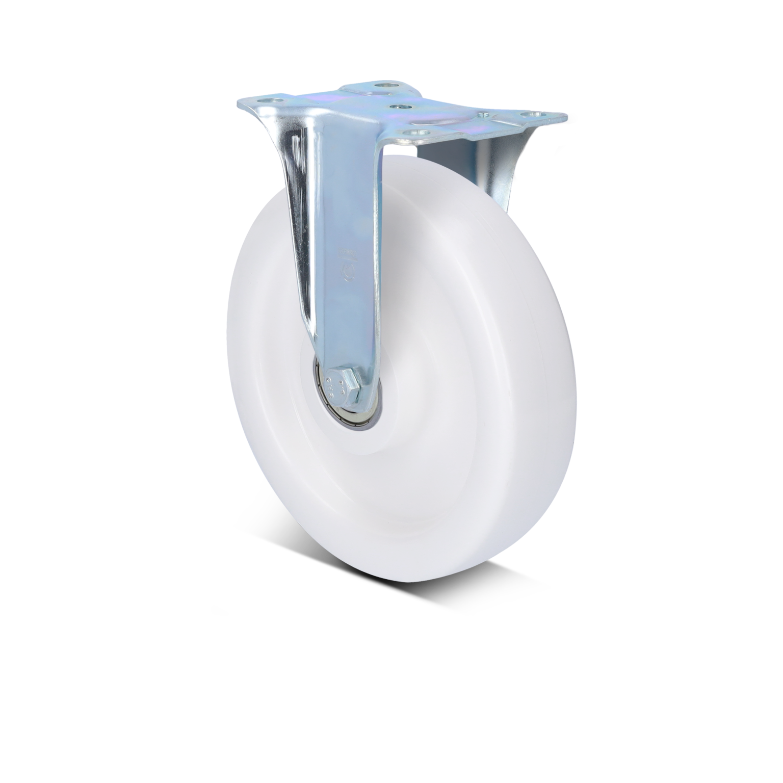 A white industrial wheel is mounted on a silver metal swivel plate. The wheel features a smooth surface and a central bearing, suitable for material handling applications.