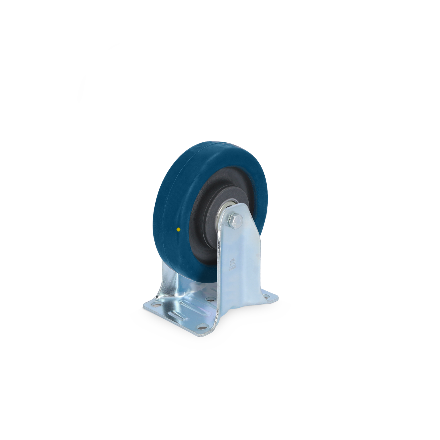 Zwart rubberen wiel met een blauwe buitenrand, gemonteerd op een metalen bevestigingsplaat. Het wiel staat rechtop en is zichtbaar voor een neutrale achtergrond.