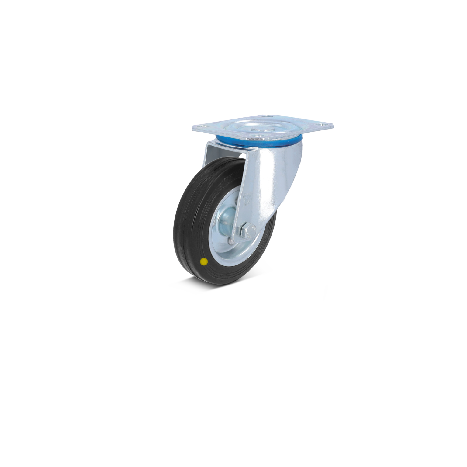 A swivel castor with a black rubber wheel is mounted on a shiny metal bracket. The wheel features a blue protective ring, and the mount has a visible bolt for attachment.