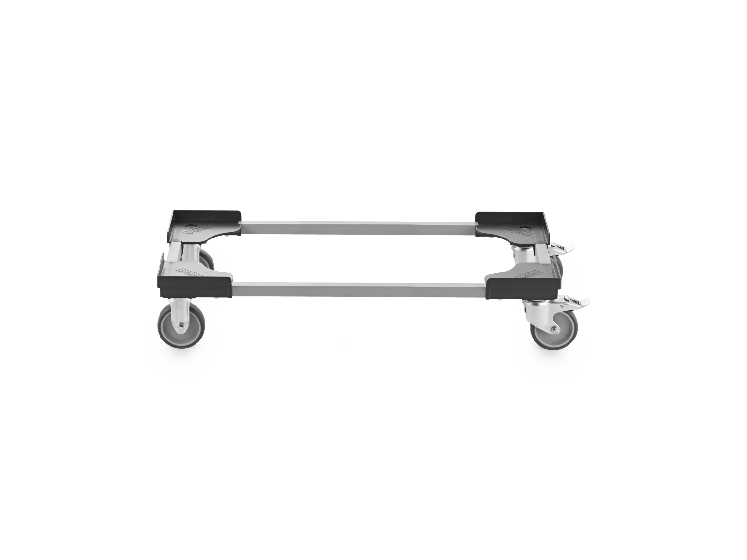 A transport trolley frame is shown, featuring metal construction with four swivel wheels at each corner. It appears designed for easy movement of materials in an industrial setting.