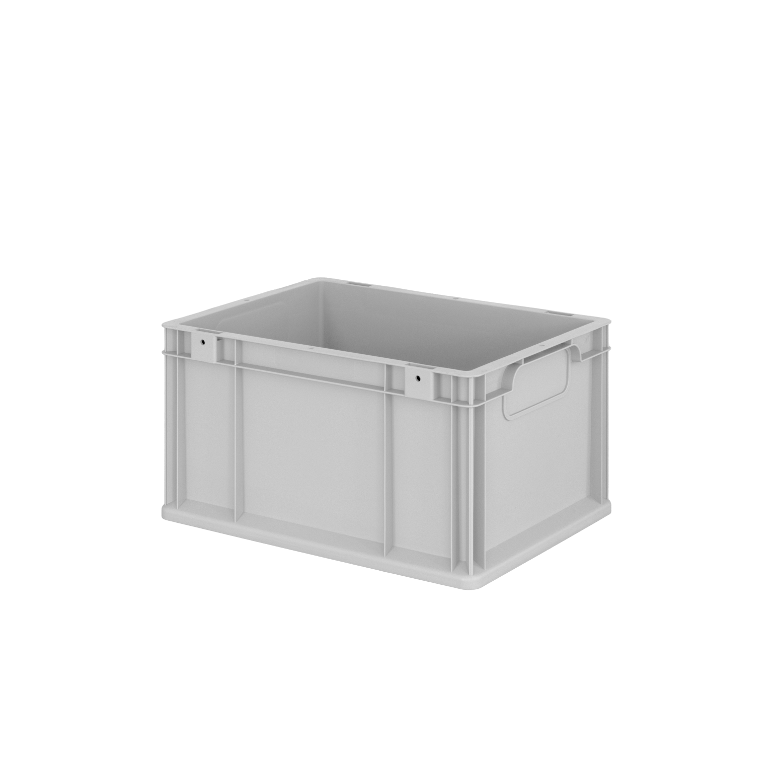 A gray plastic storage crate is shown, featuring sturdy walls, handles for grip on the sides, and an open top. It has a simple rectangular shape suitable for various storage needs.