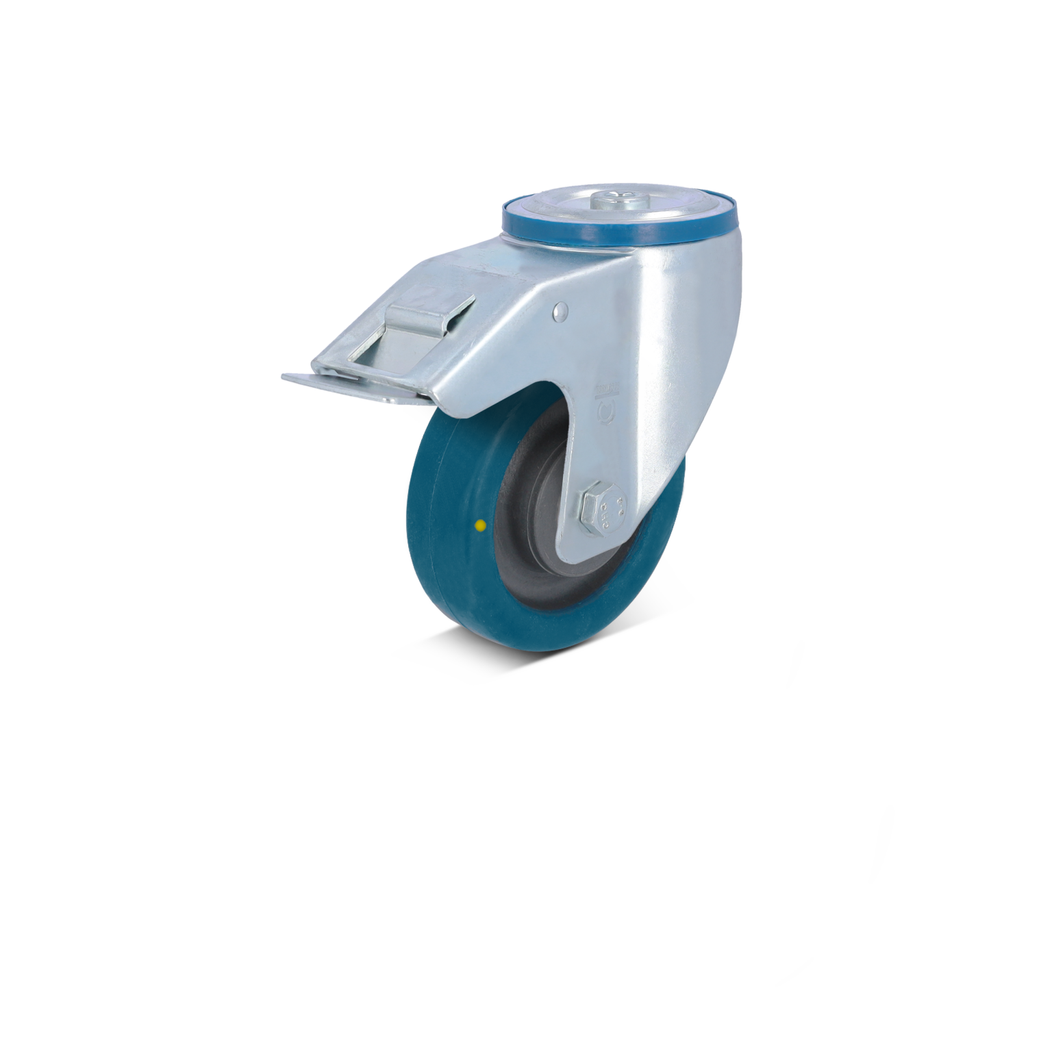 Een industrieel wiel met een stevige metalen beugel en een rubberen loopvlak. Het wiel is ontworpen voor gebruik in logistiek, met een vergrendelmechanisme voor stabiliteit.