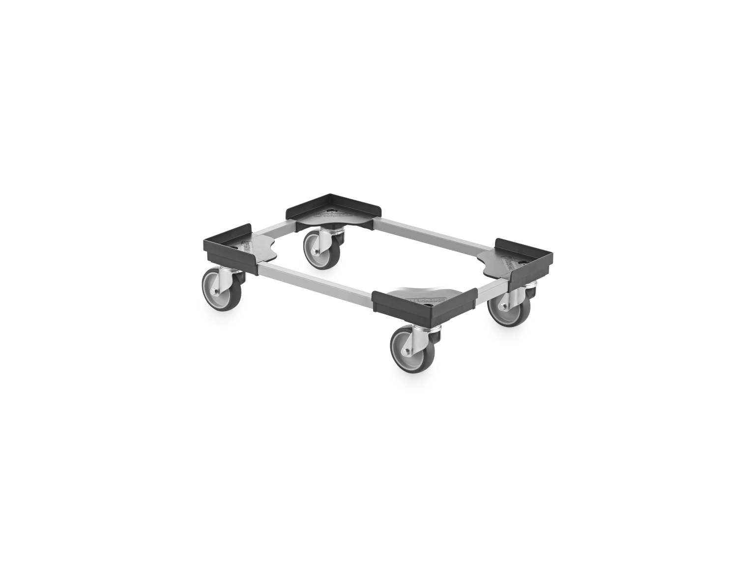 A rectangular transport dolly features four swivel castors, made from durable materials. Its framework is visible, highlighting a sturdy design suitable for moving heavy items in various industrial settings.