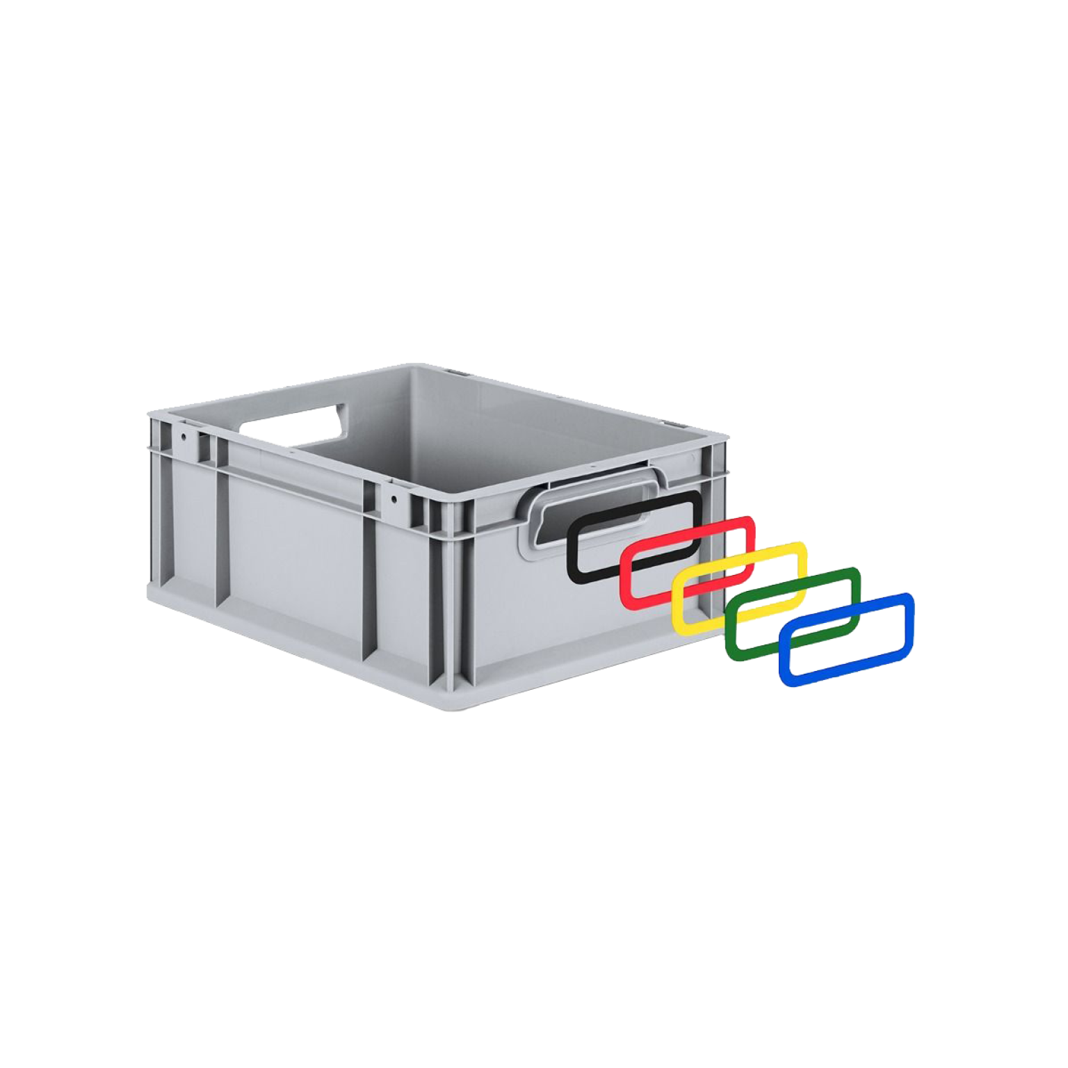 Eine graue Lagerbox mit zwei seitlichen Griffen steht auf einem neutralen Hintergrund. Daneben sind farbige Clip-Halterungen in Rot, Gelb, Grün und Blau abgebildet, die zur Identifikation dienen.