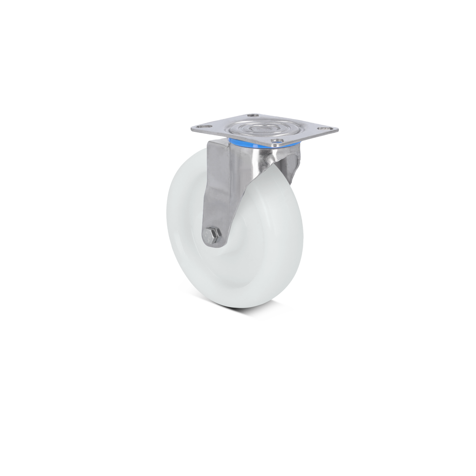 White industrial wheel mounted on a metal swivel bracket. The wheel features a smooth surface and is designed for easy movement in material handling applications. The background is blank.