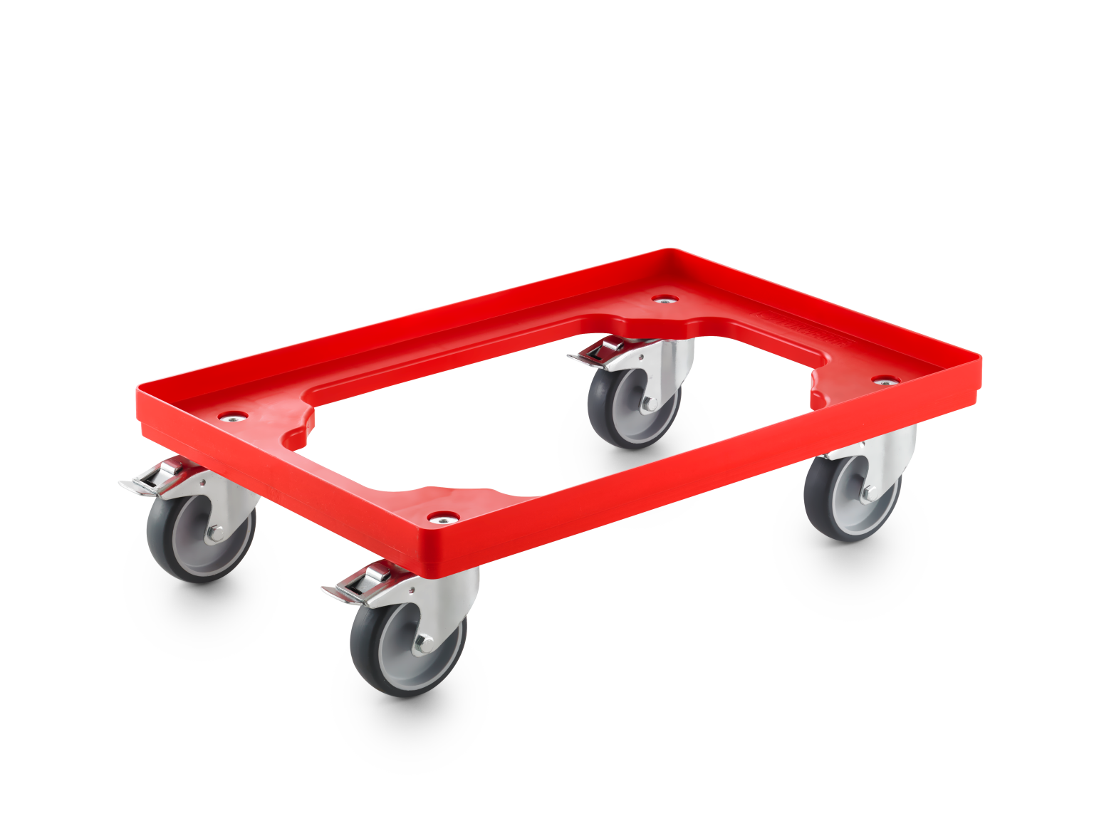 Red transport trolley featuring a flat, raised edge and four swivel castors. The trolley is positioned on a flat surface, suitable for moving various items within an industrial setting.