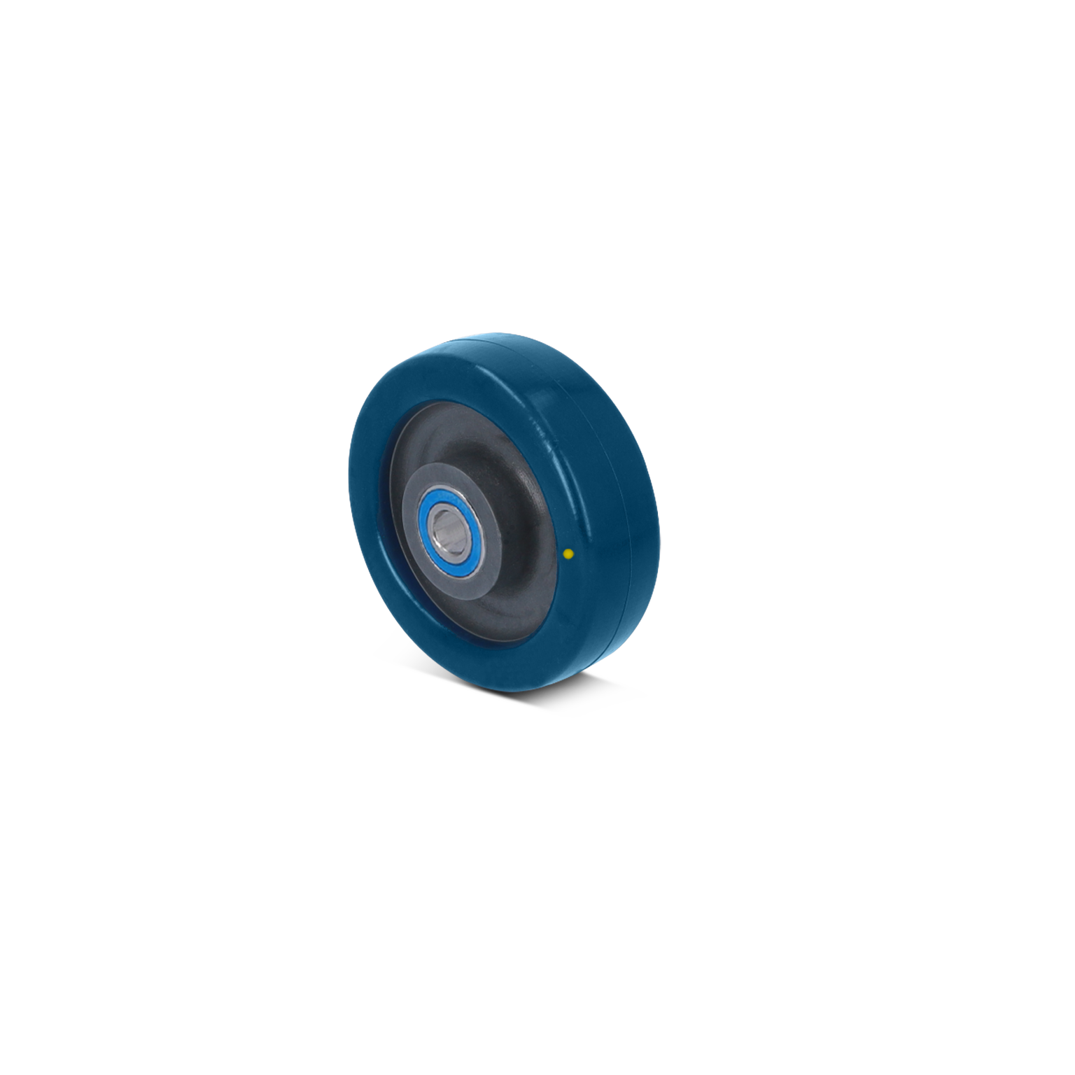 Blauwe industriewiel met een zwarte rubberen rand en een metalen lager in het midden. Het is horizontaal gepositioneerd op een neutrale achtergrond, geschikt voor materiaalverwerking en intralogistiek.
