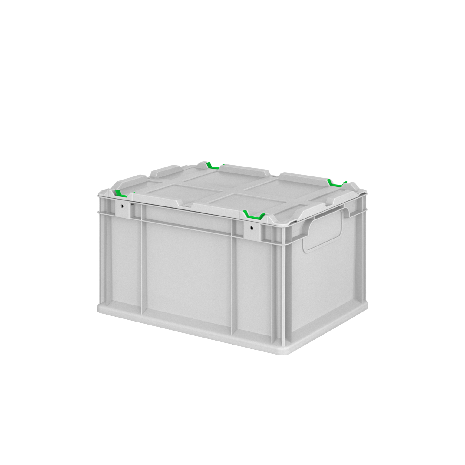 A plastic storage box with a gray body and green accents is positioned at an angle. It features a sturdy lid, side handles for easy carrying, and a robust design suitable for warehouse use.